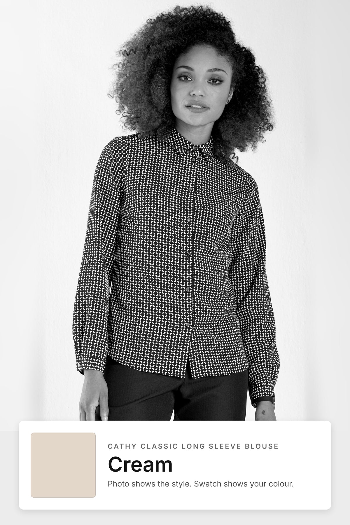 Cathy women's long sleeve work blouse in Cream – black and white style photo with Cream fabric swatch