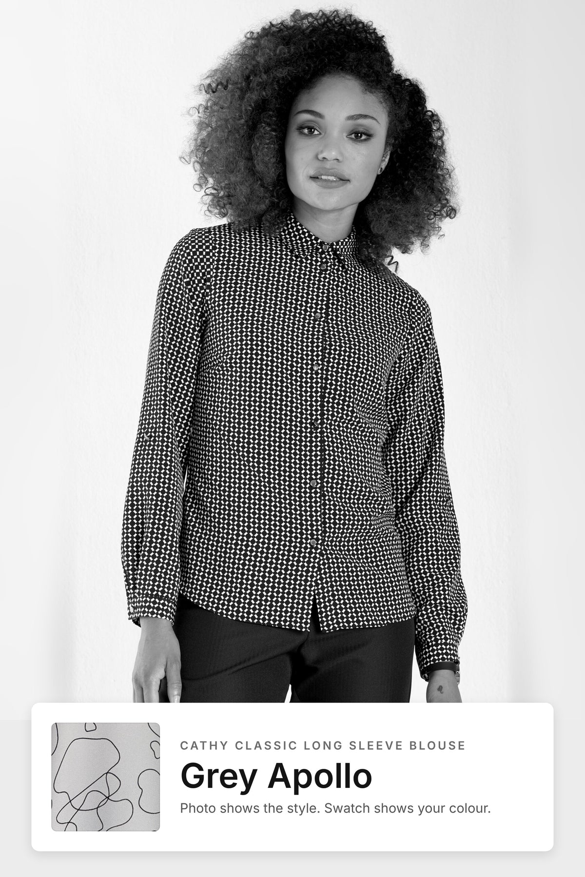 Cathy women's long sleeve work blouse in Grey Apollo – black and white style photo with Grey Apollo fabric swatch