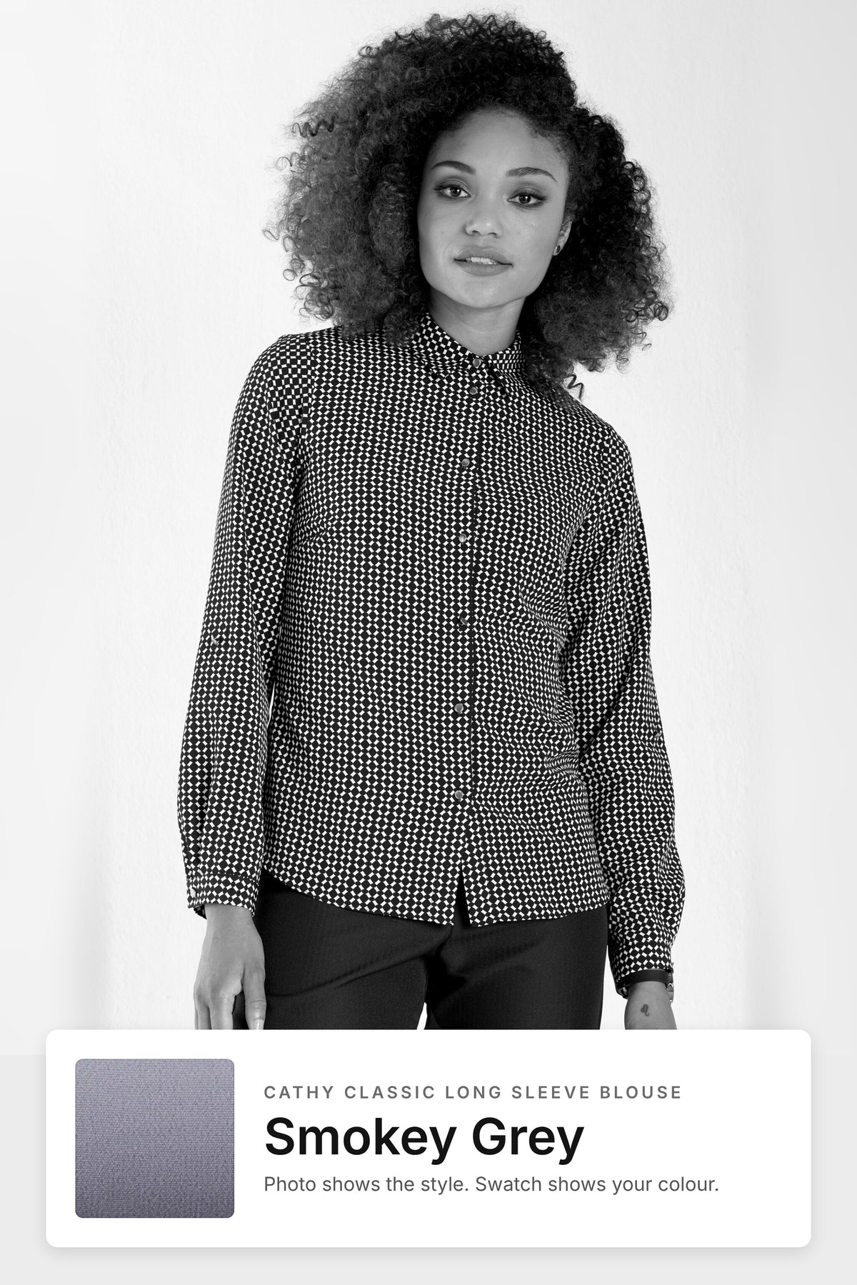 Cathy women's long sleeve work blouse in Smokey Grey – black and white style photo with Smokey Grey fabric swatch