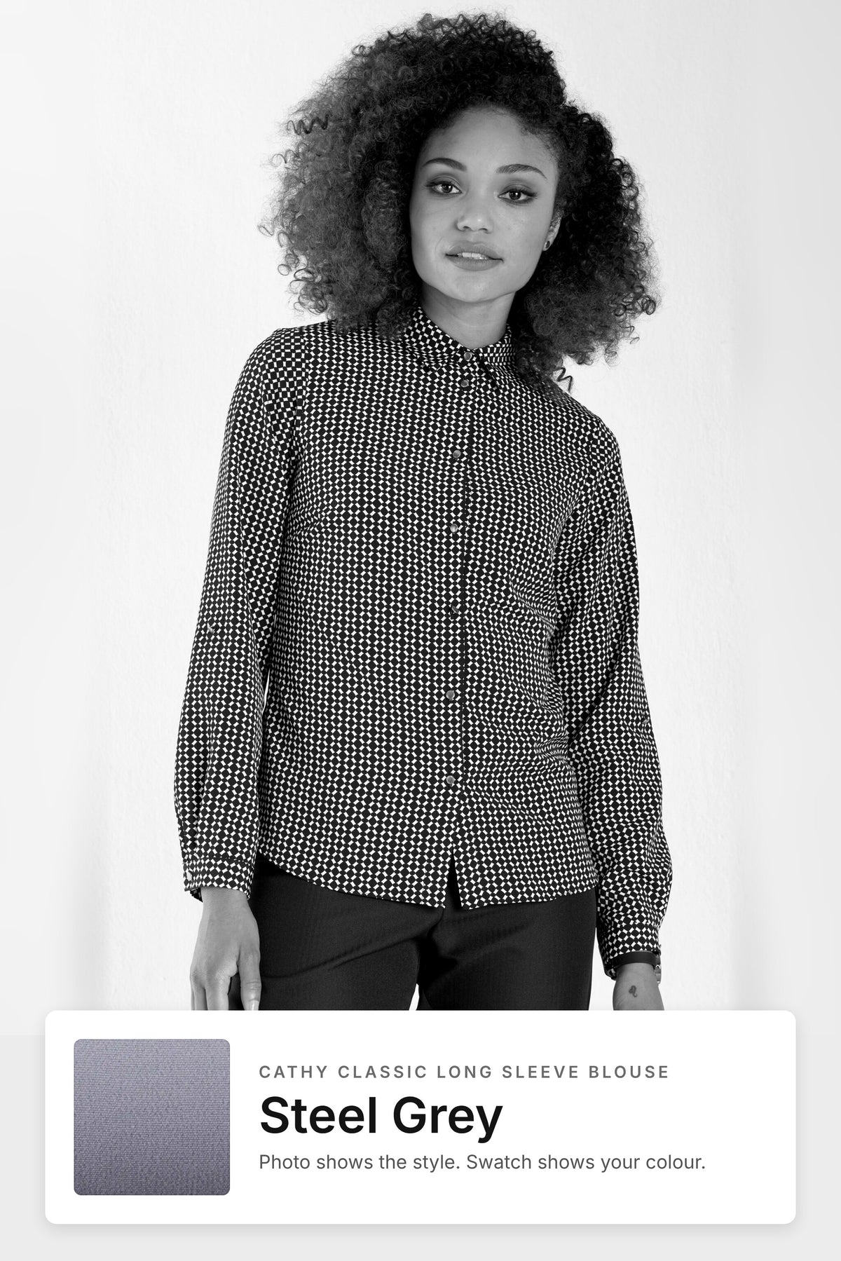 Cathy women's long sleeve work blouse in Steel Grey – black and white style photo with Steel Grey fabric swatch