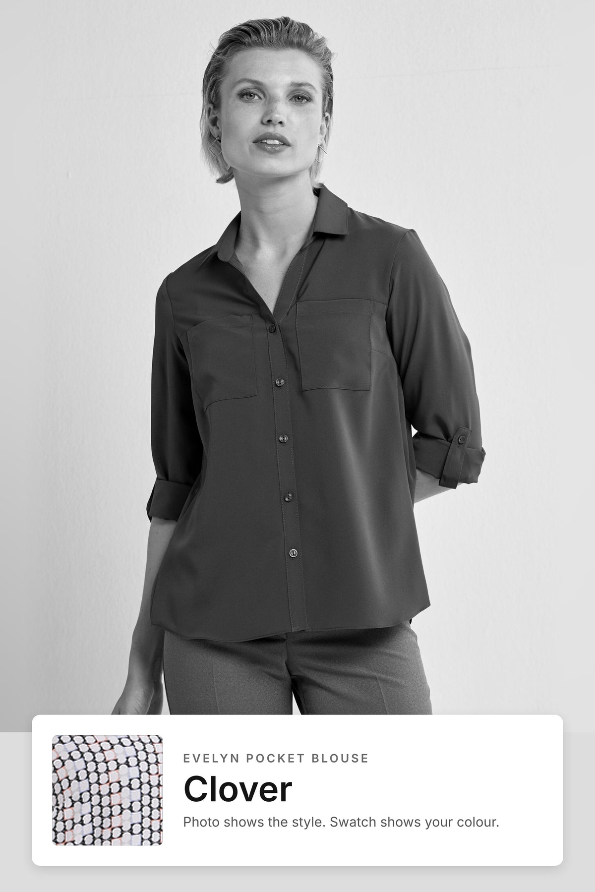 Evelyn women's pocket work blouse in Clover – style photo with Clover fabric swatch, Imagemakers Sale