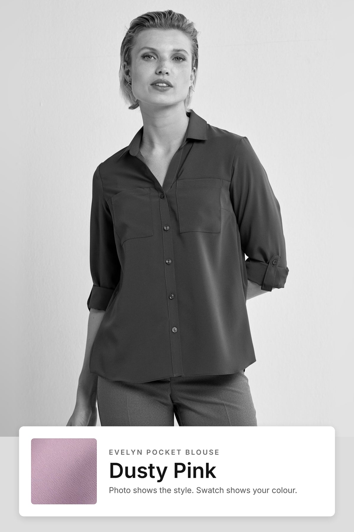 Evelyn women's pocket work blouse in Dusty Pink – style photo with Dusty Pink fabric swatch, Imagemakers Sale