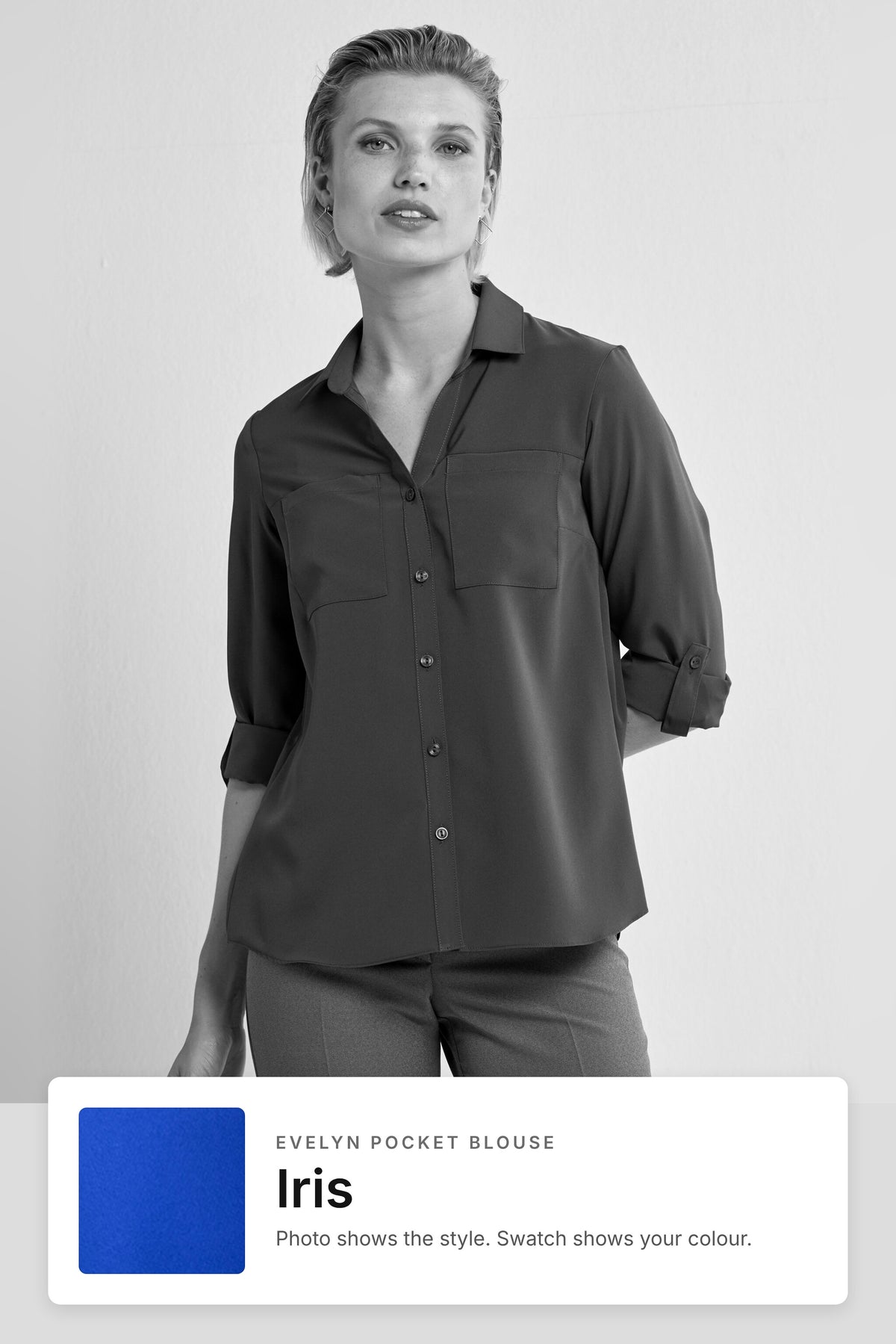 Evelyn women's pocket work blouse in Iris – style photo with Iris fabric swatch, Imagemakers Sale