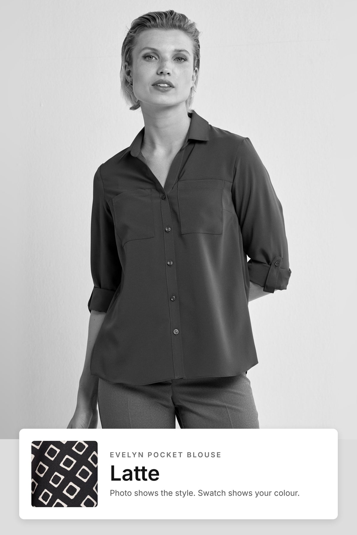 Evelyn women's pocket work blouse in Latte – style photo with Latte fabric swatch, Imagemakers Sale