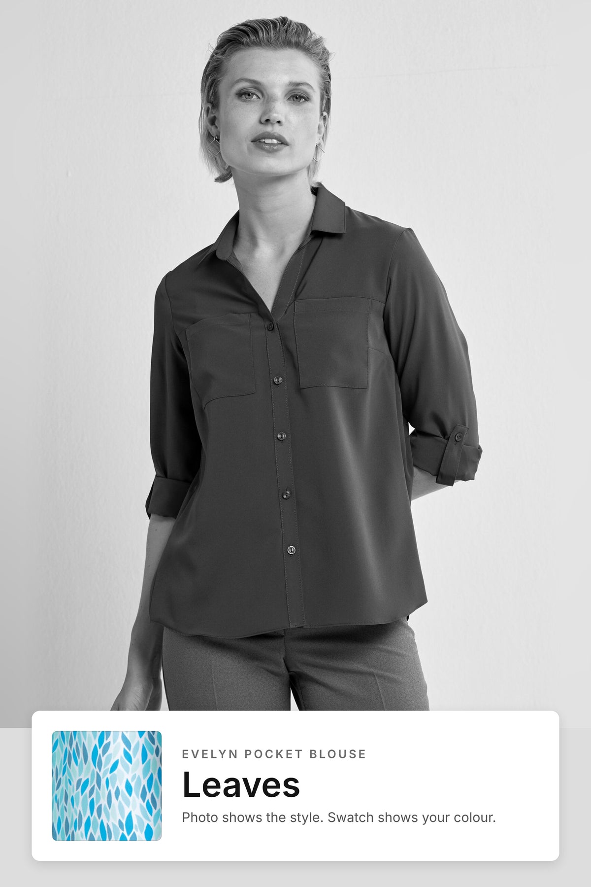 Evelyn women's pocket work blouse in Leaves – style photo with Leaves fabric swatch, Imagemakers Sale