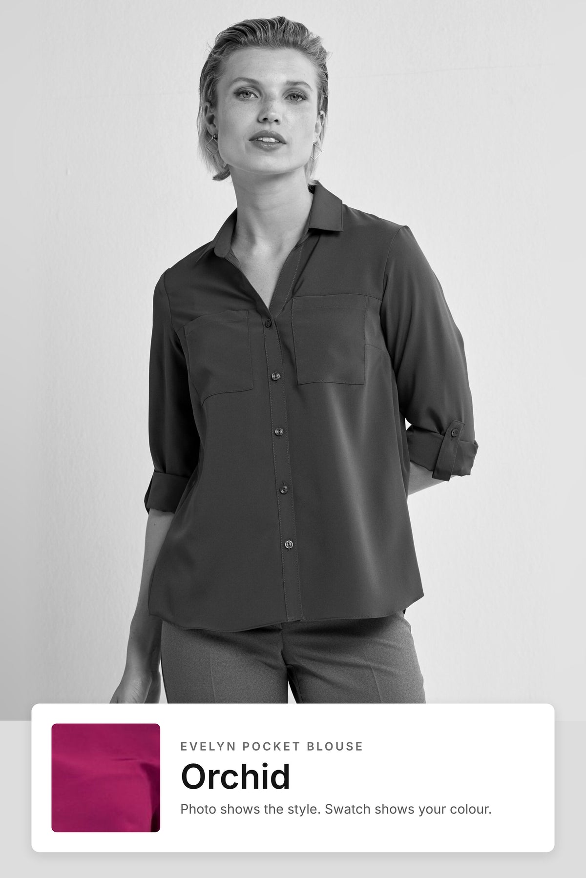 Evelyn women's pocket work blouse in Orchid – style photo with Orchid fabric swatch, Imagemakers Sale