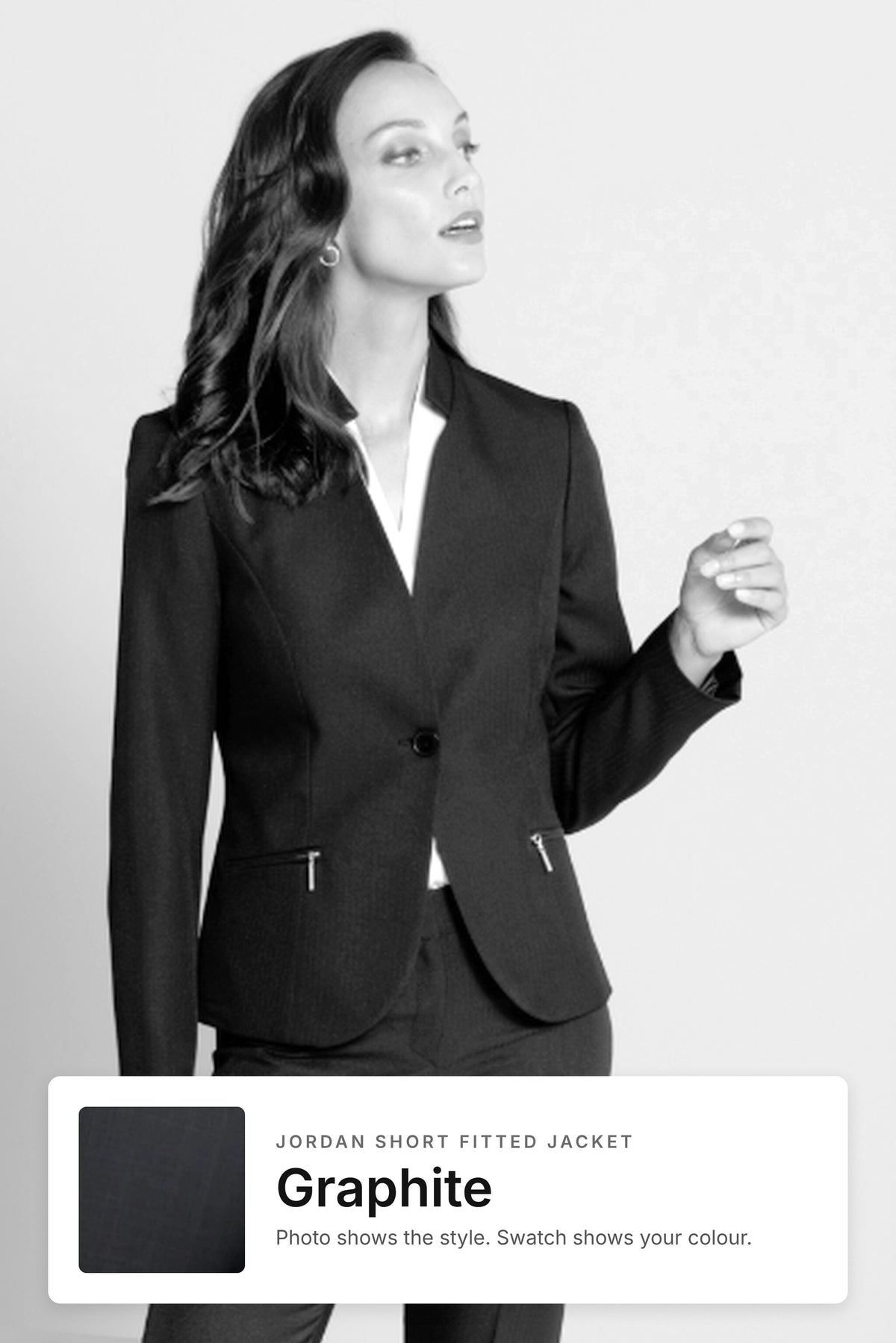 Jordan women's short fitted work jacket in Graphite – style photo with Graphite fabric swatch, Imagemakers Sale