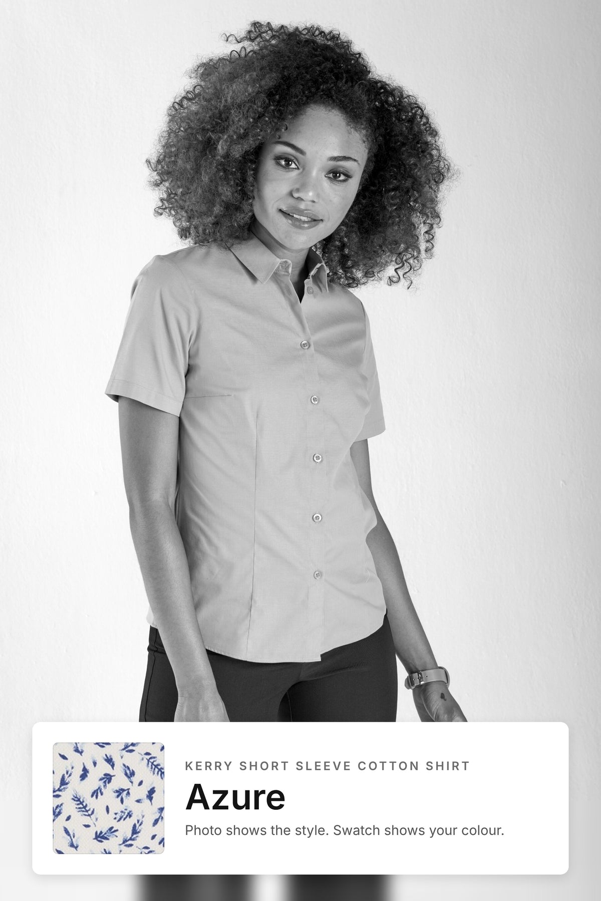 Kerry women's short sleeve cotton work shirt in Azure – style photo with Azure fabric swatch, Imagemakers Sale