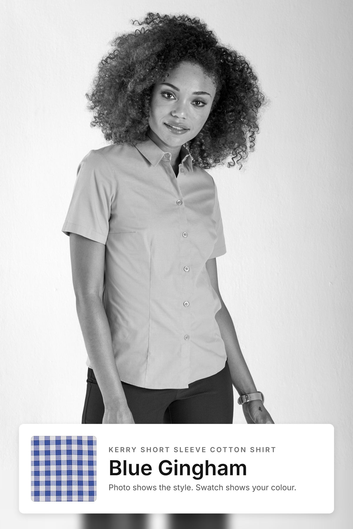 Kerry women's short sleeve cotton work shirt in Blue Gingham – style photo with Blue Gingham fabric swatch, Imagemakers Sale