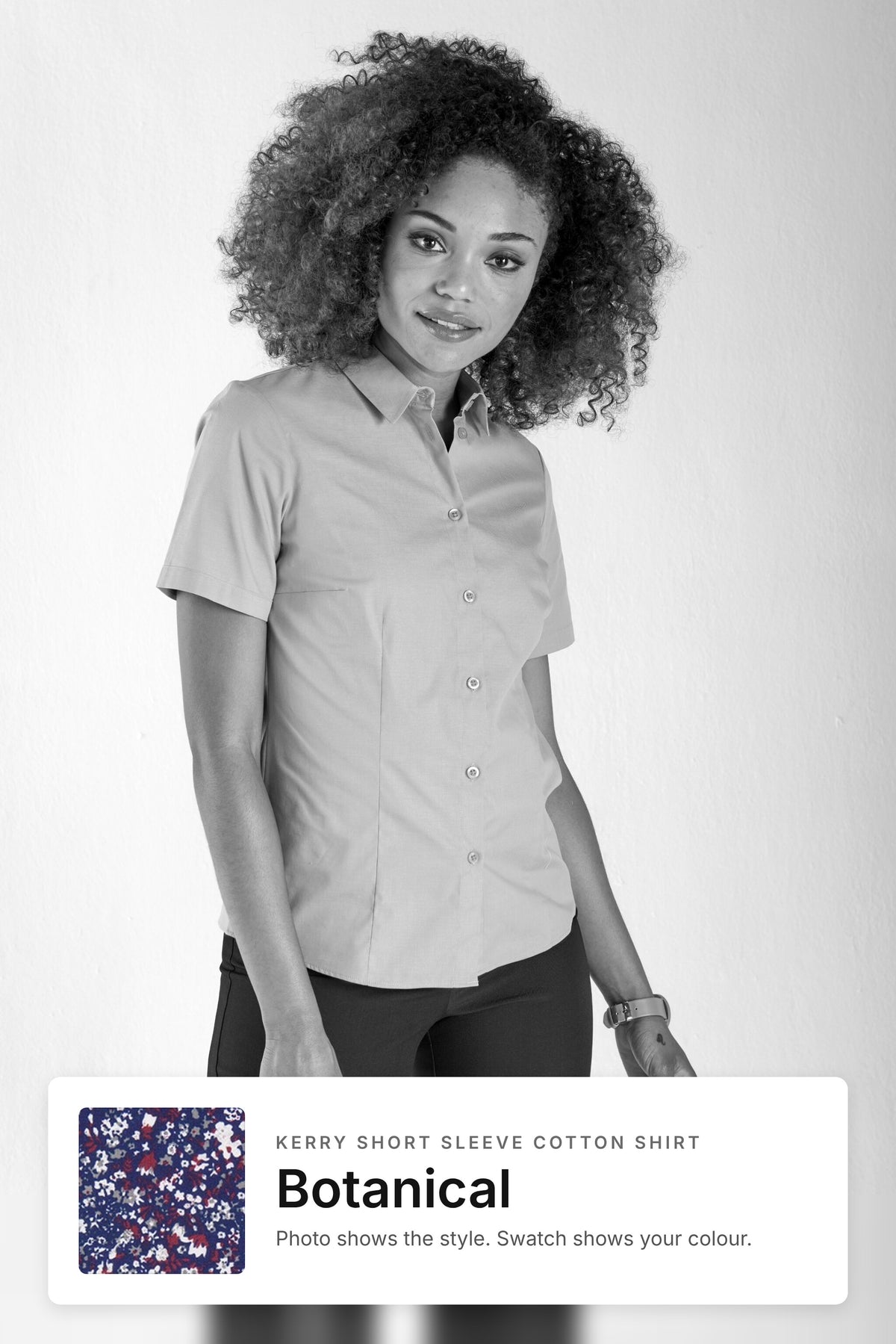 Kerry women's short sleeve cotton work shirt in Botanical – style photo with Botanical fabric swatch, Imagemakers Sale