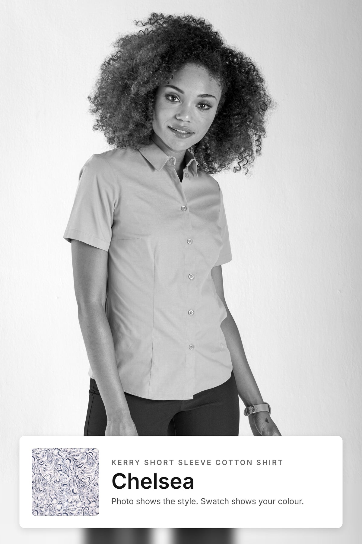 Kerry women's short sleeve cotton work shirt in Chelsea – style photo with Chelsea fabric swatch, Imagemakers Sale