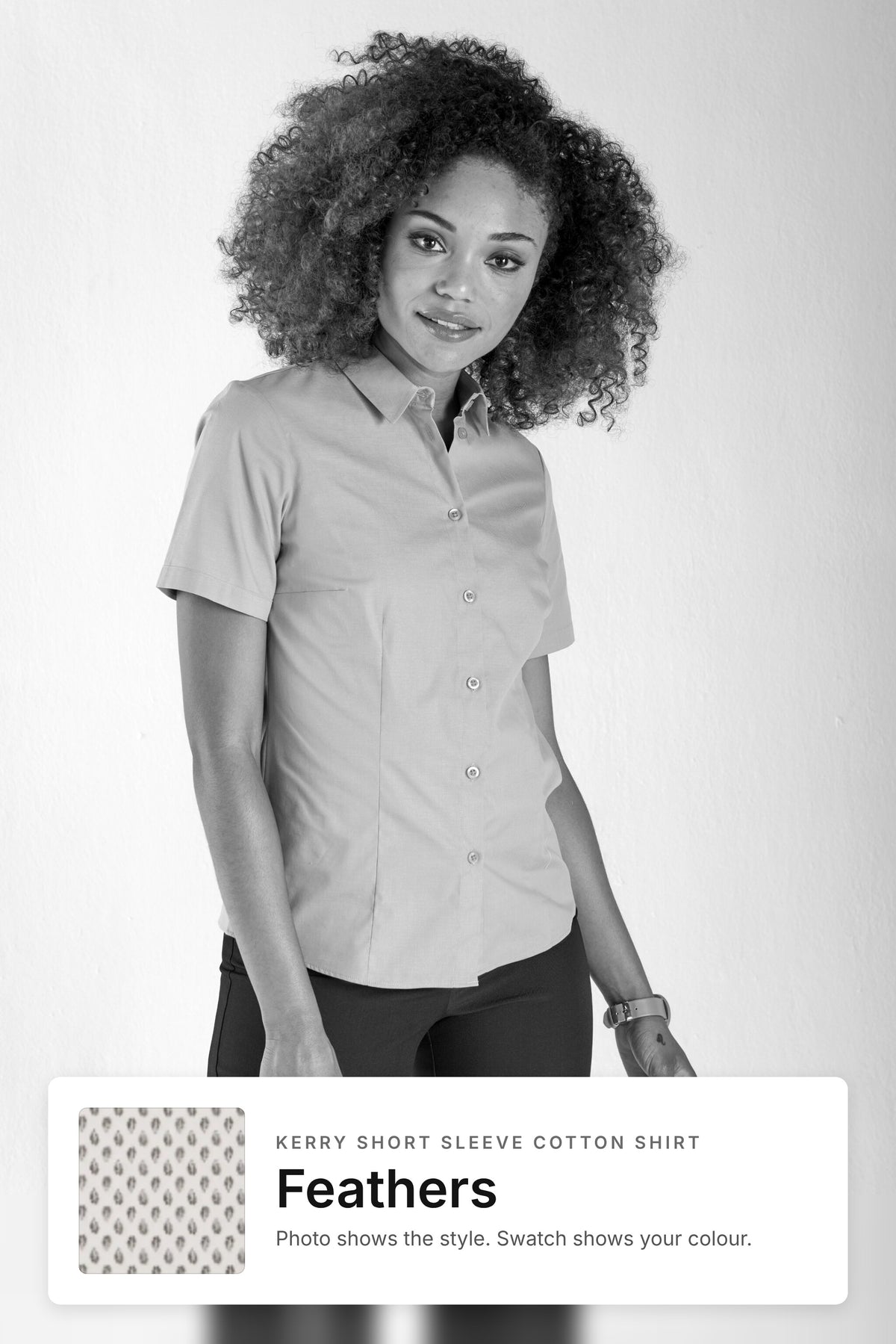 Kerry women's short sleeve cotton work shirt in Feathers – style photo with Feathers fabric swatch, Imagemakers Sale
