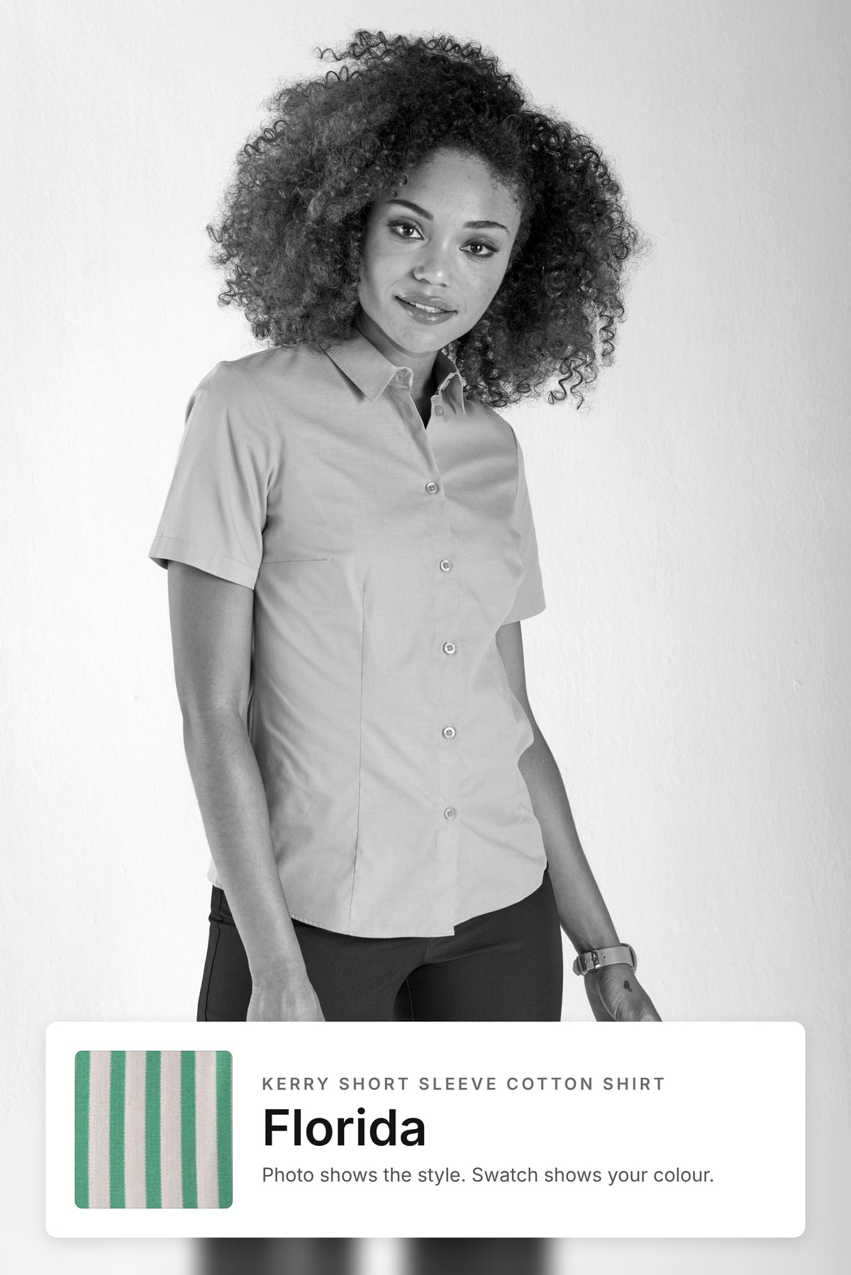 Kerry women's short sleeve cotton work shirt in Florida – style photo with Florida fabric swatch, Imagemakers Sale