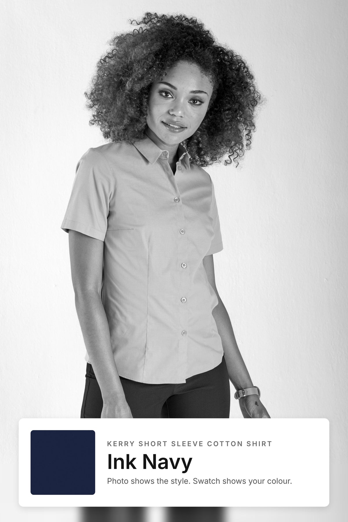 Kerry women's short sleeve cotton work shirt in Ink Navy – style photo with Ink Navy fabric swatch, Imagemakers Sale