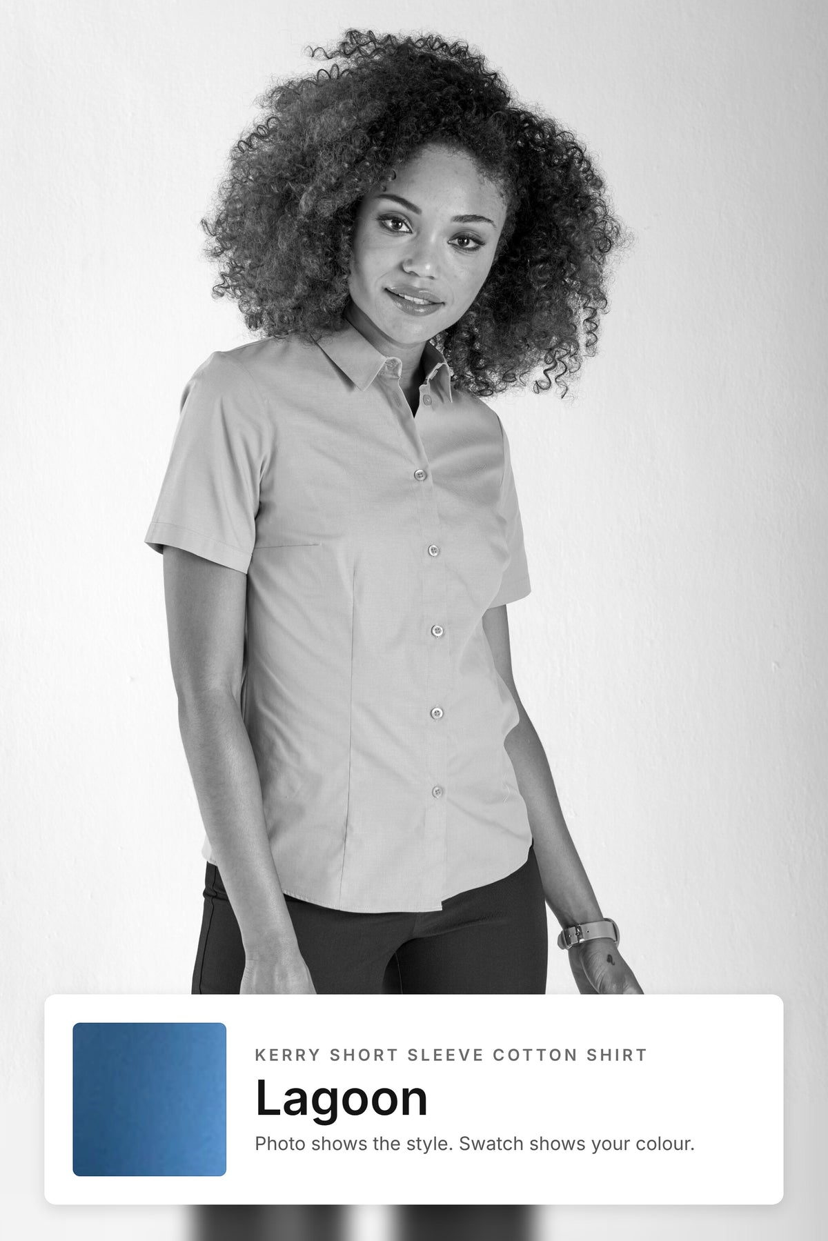 Kerry women's short sleeve cotton work shirt in Lagoon – style photo with Lagoon fabric swatch, Imagemakers Sale