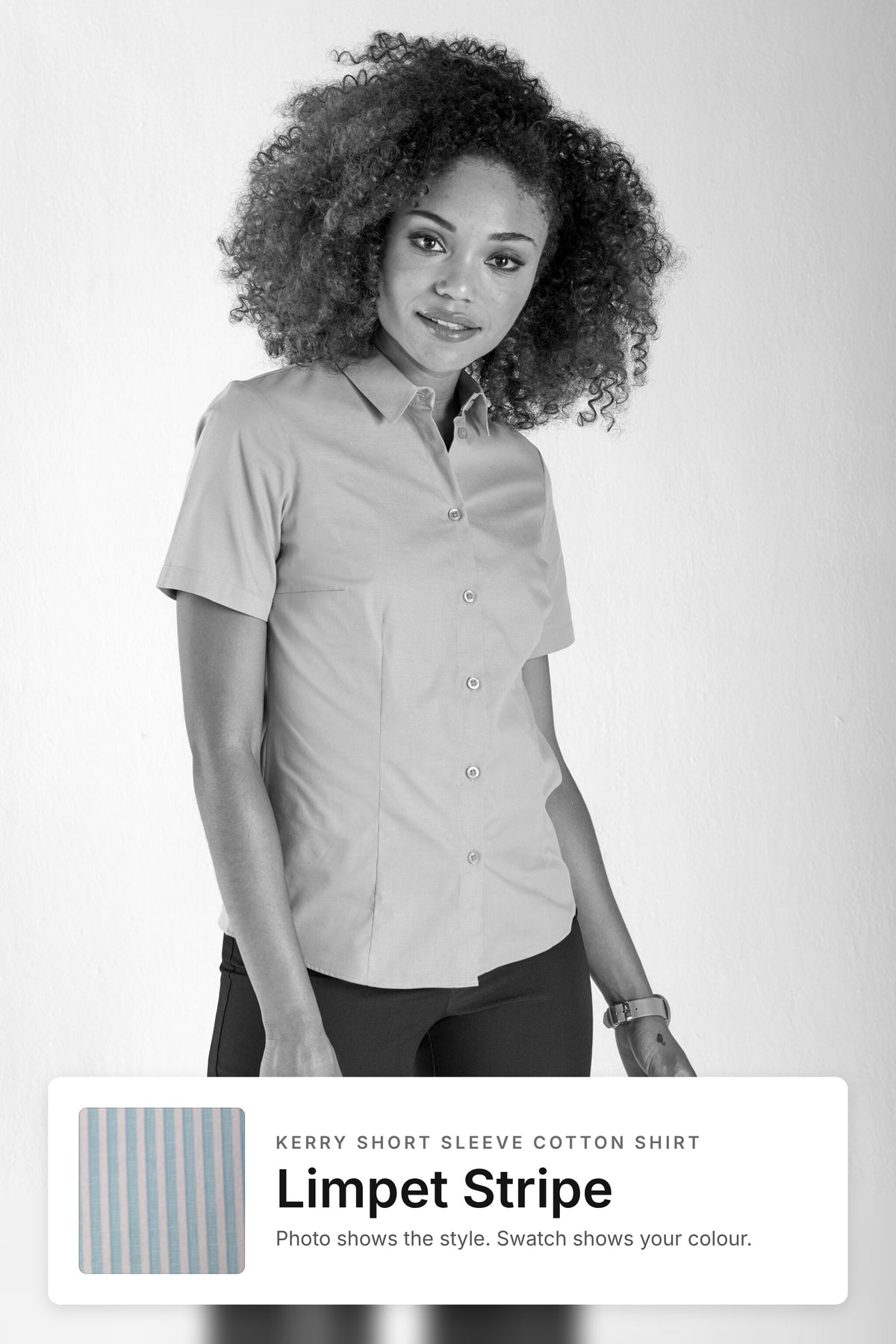 Kerry women's short sleeve cotton work shirt in Limpet Stripe – style photo with Limpet Stripe fabric swatch, Imagemakers Sale
