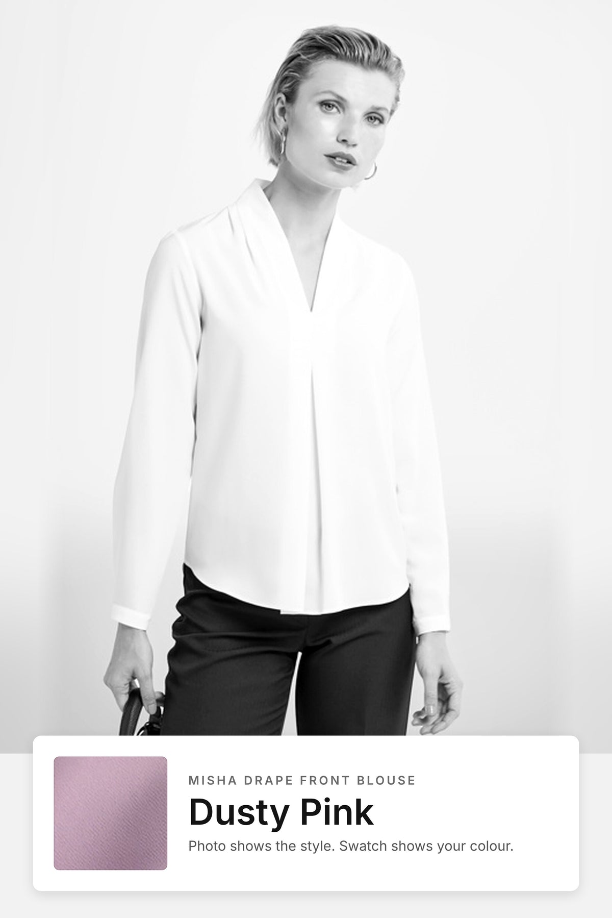 Misha women's drape front work blouse in Dusty Pink – style photo with Dusty Pink fabric swatch, Imagemakers Sale