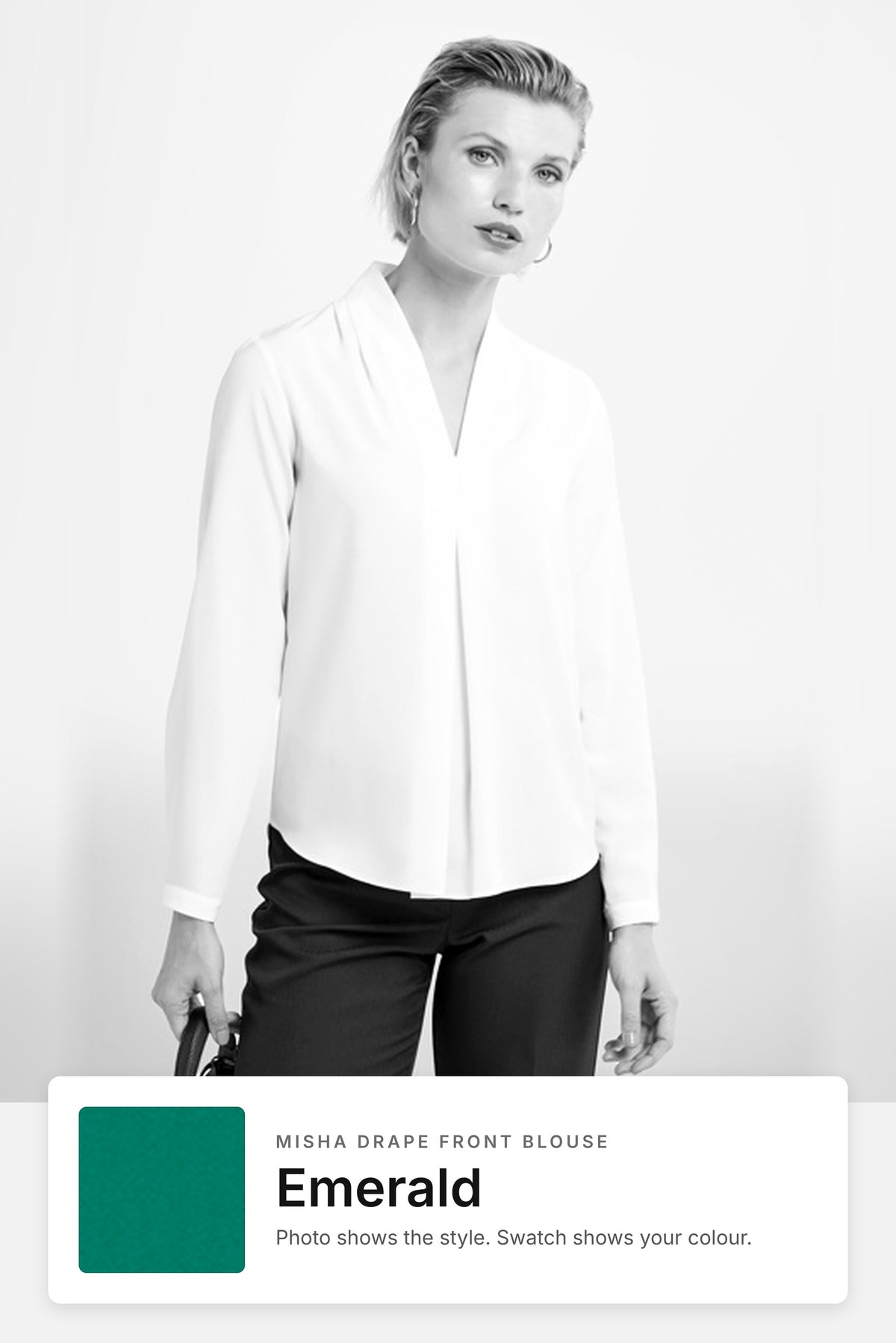Misha women's drape front work blouse in Emerald – style photo with Emerald fabric swatch, Imagemakers Sale