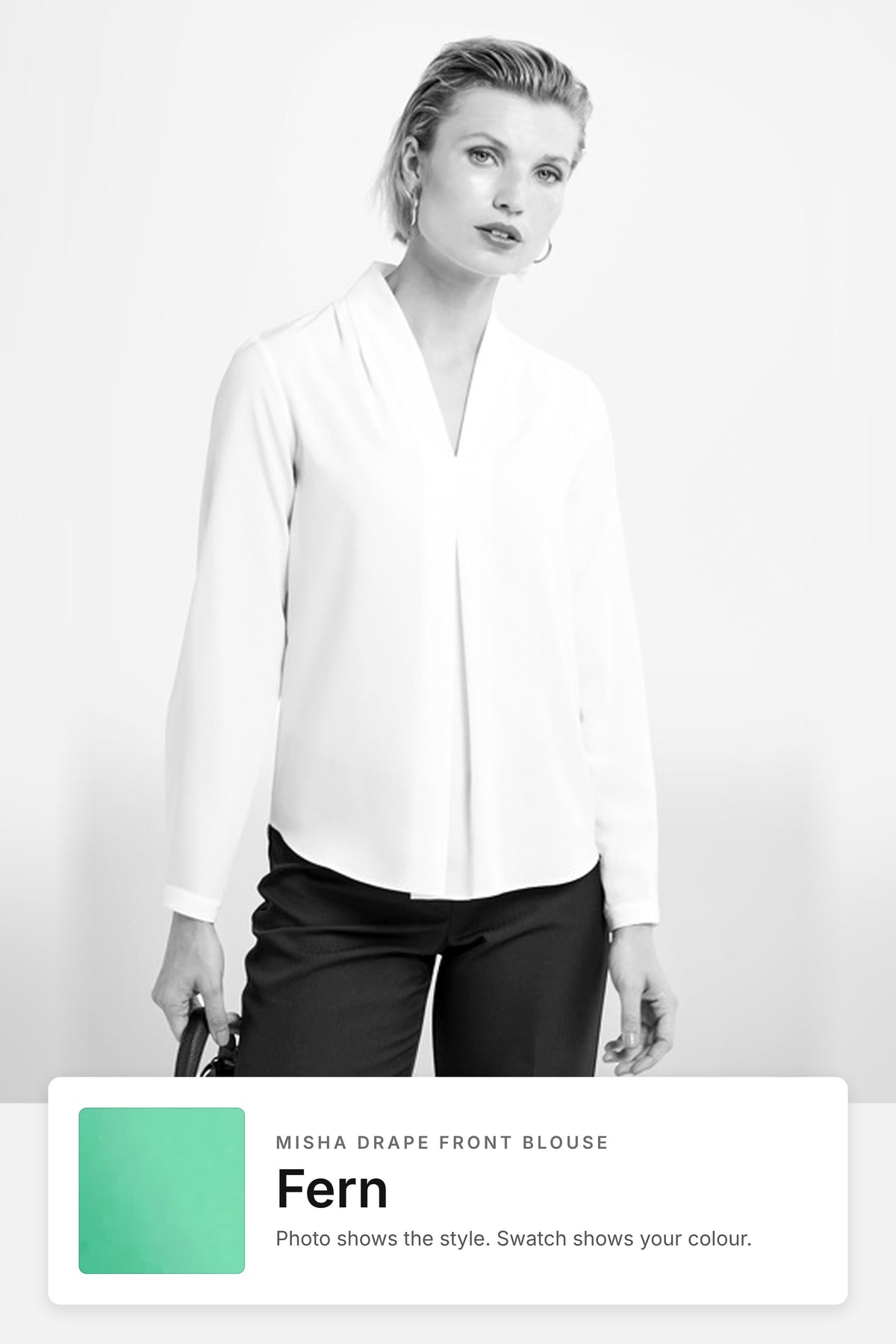 Misha women's drape front work blouse in Fern – style photo with Fern fabric swatch, Imagemakers Sale