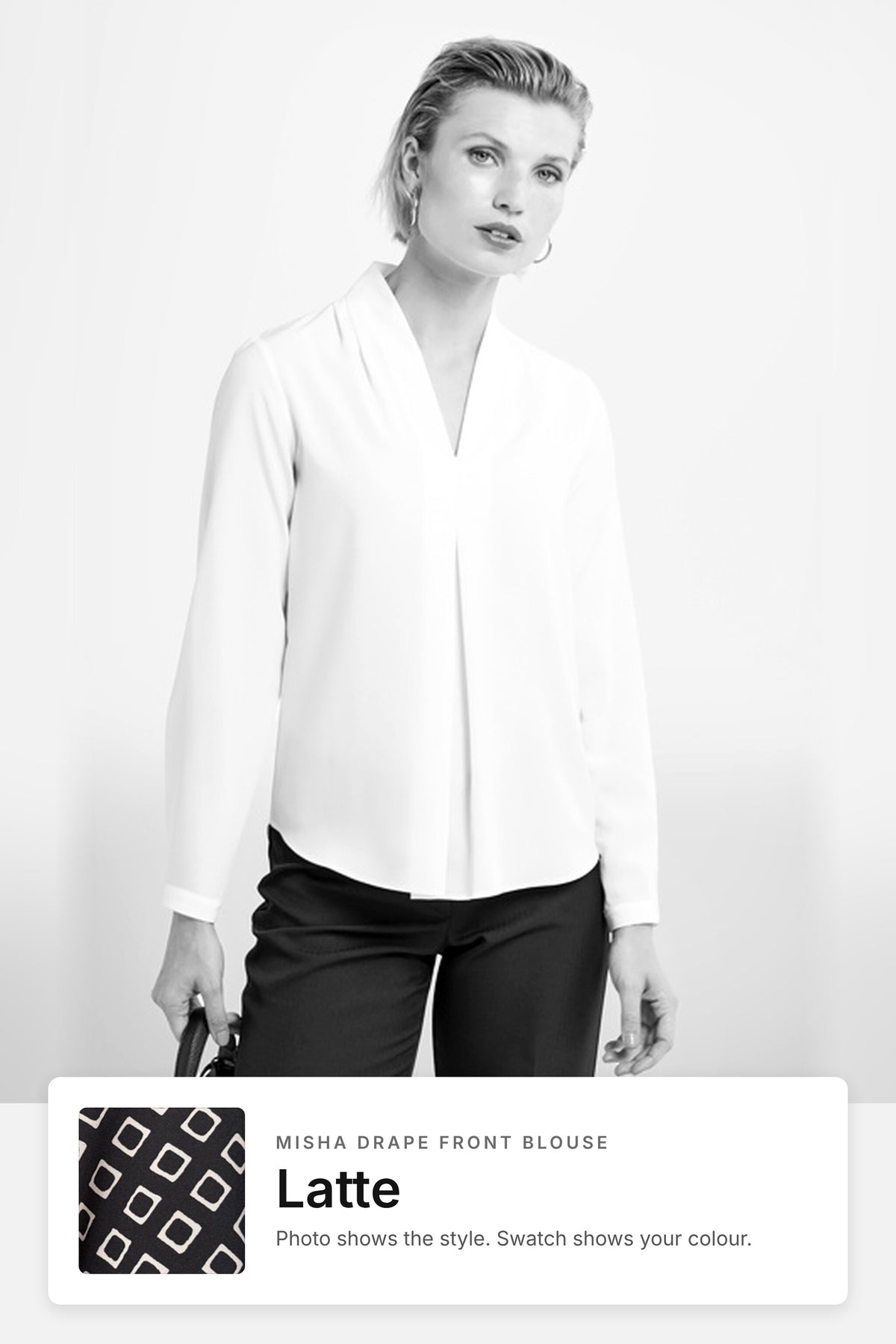 Misha women's drape front work blouse in Latte – style photo with Latte fabric swatch, Imagemakers Sale