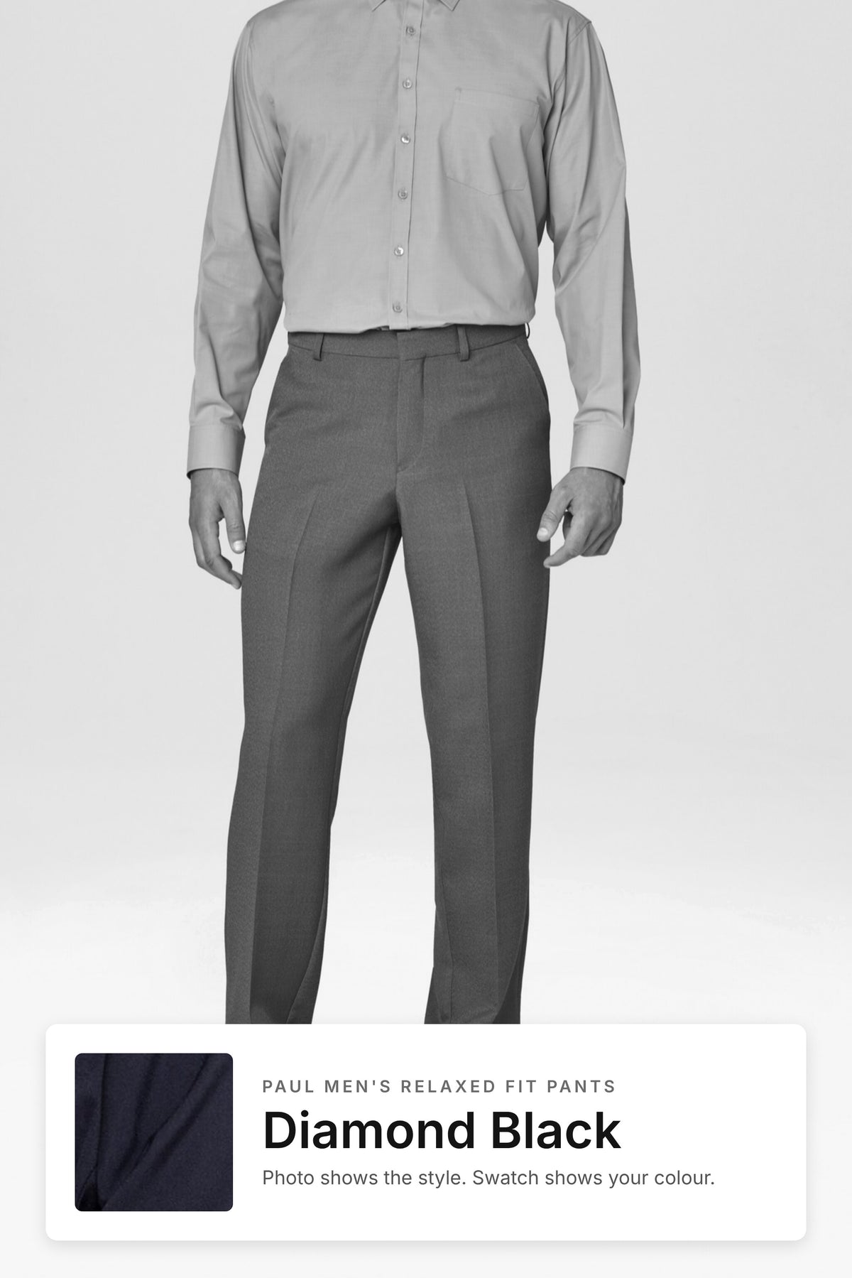 Paul men's relaxed fit pants in Diamond Black – style photo with Diamond Black fabric swatch, Imagemakers Sale