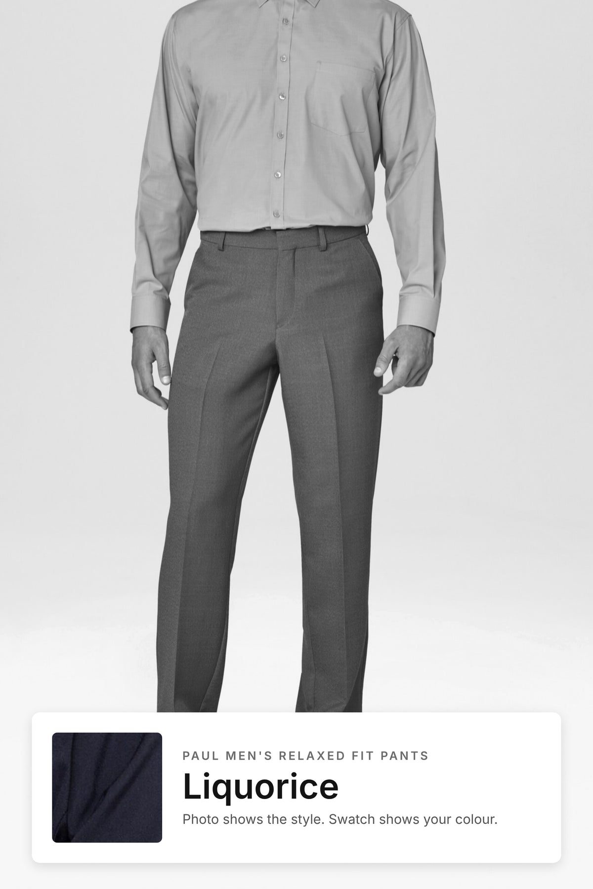 Paul men's relaxed fit pants in Liquorice – style photo with Liquorice fabric swatch, Imagemakers Sale