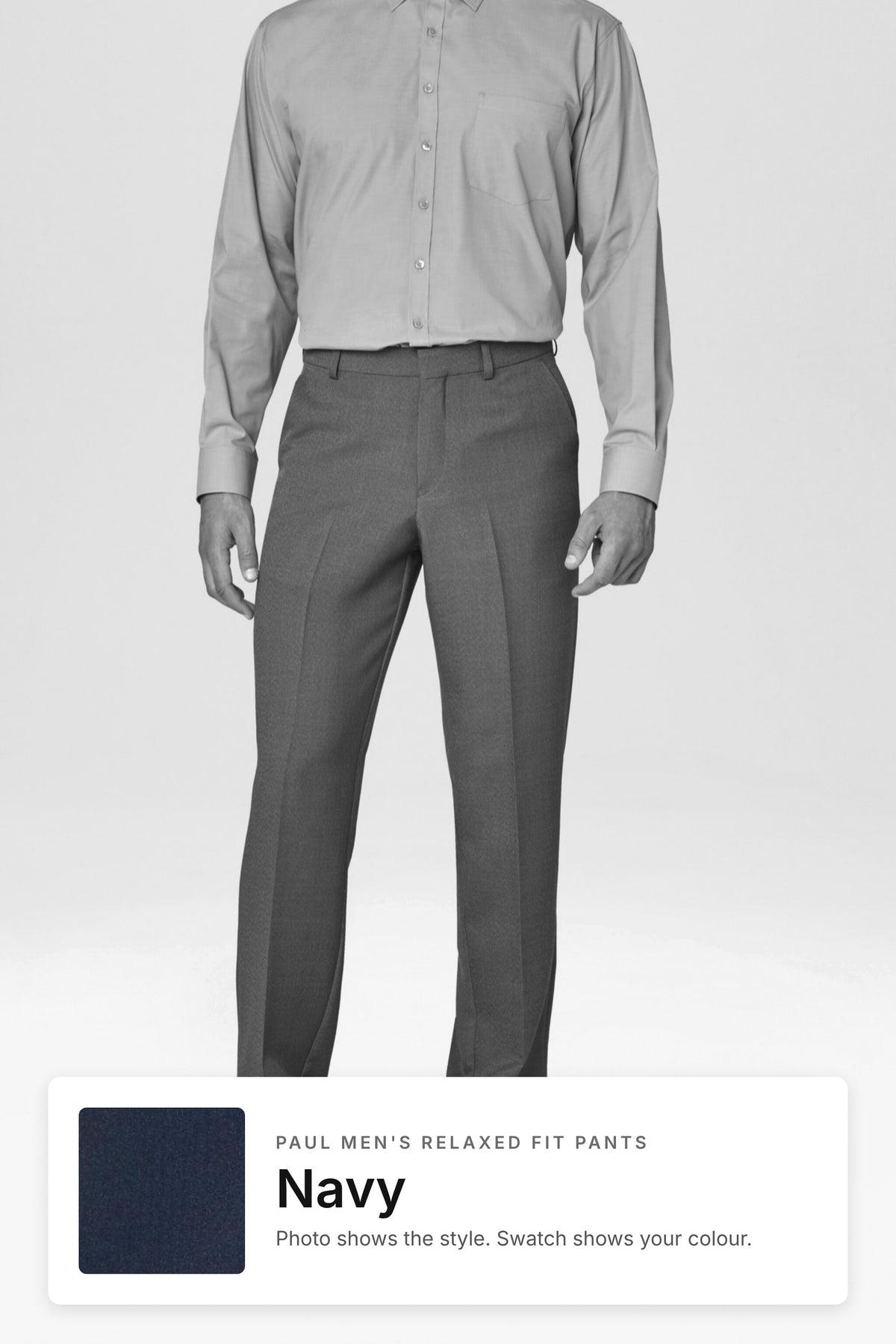 Paul men's relaxed fit pants in Navy – style photo with Navy fabric swatch, Imagemakers Sale