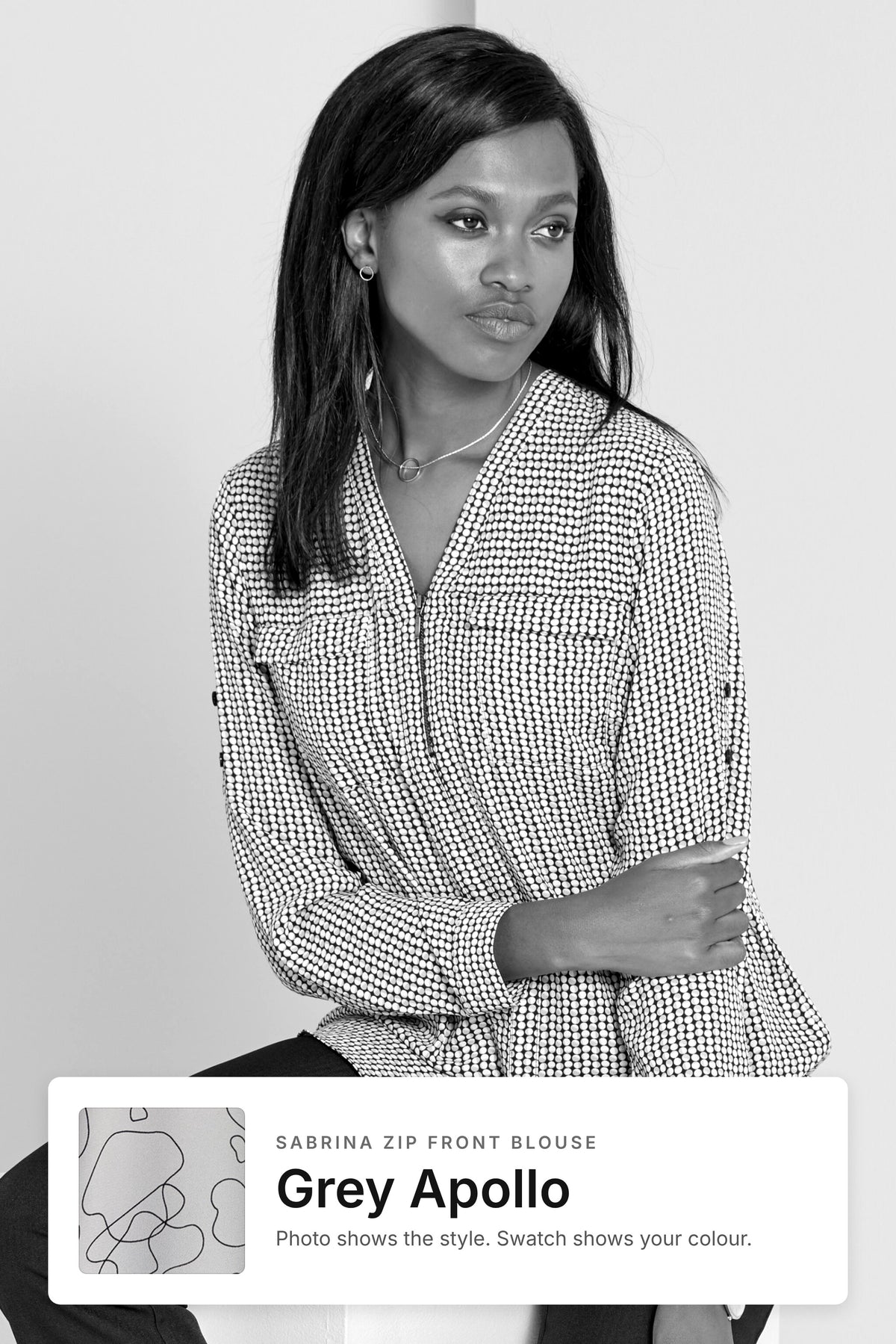 Sabrina women's zip front work blouse in Grey Apollo – style photo with Grey Apollo fabric swatch, Imagemakers Sale