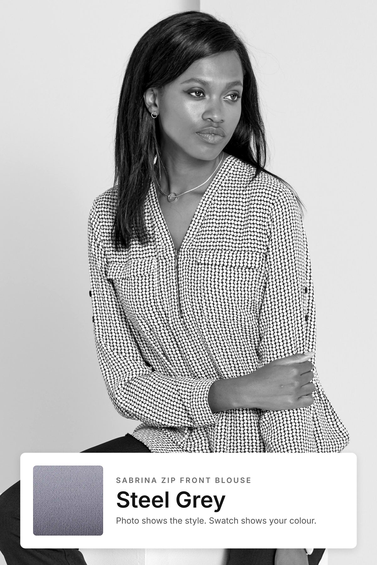 Sabrina women's zip front work blouse in Steel Grey – style photo with Steel Grey fabric swatch, Imagemakers Sale