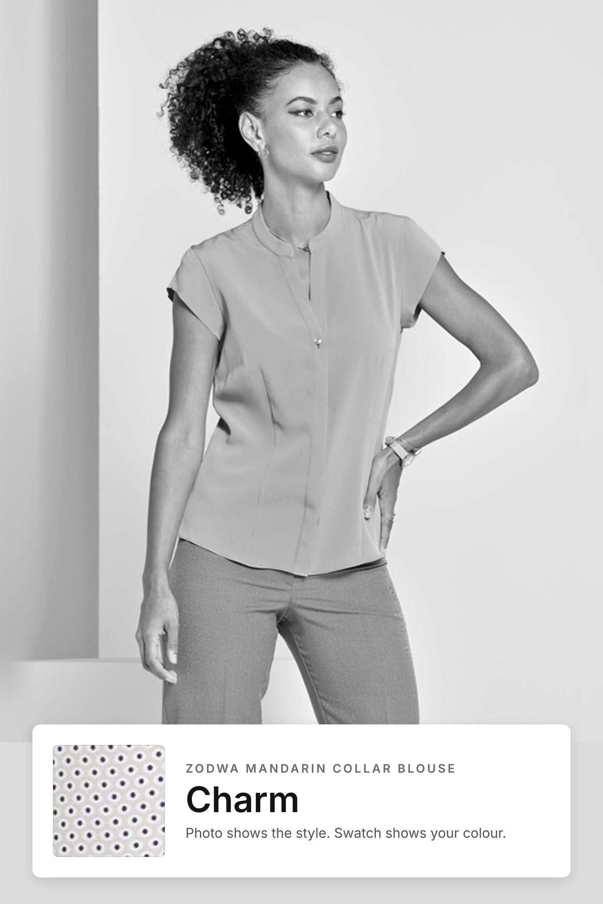 Zodwa women's mandarin collar work blouse in Charm – style photo with Charm fabric swatch, Imagemakers Sale