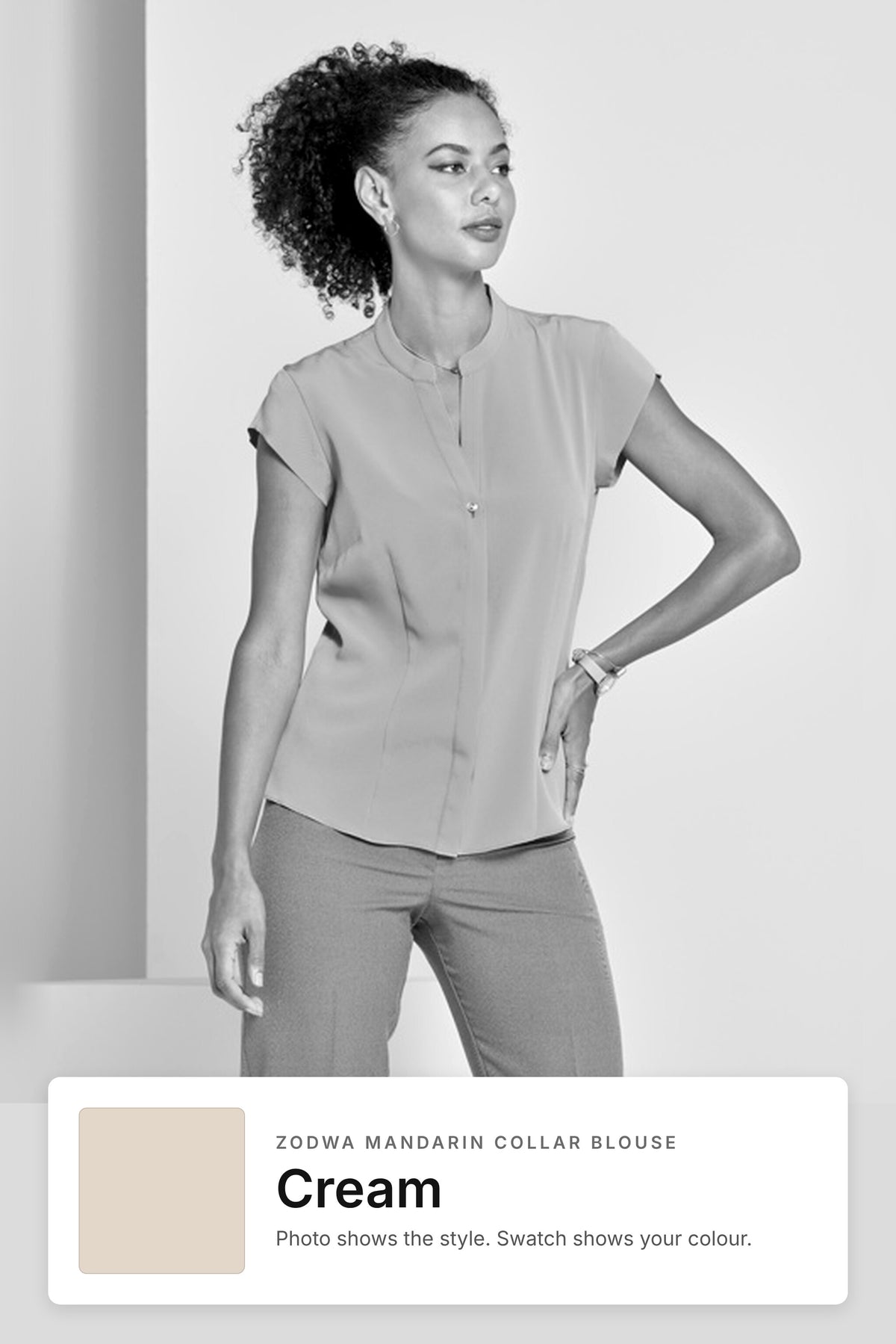 Zodwa women's mandarin collar work blouse in Cream – style photo with Cream fabric swatch, Imagemakers Sale