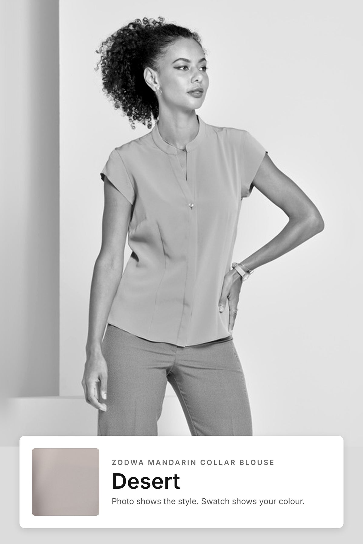 Zodwa women's mandarin collar work blouse in Desert – style photo with Desert fabric swatch, Imagemakers Sale