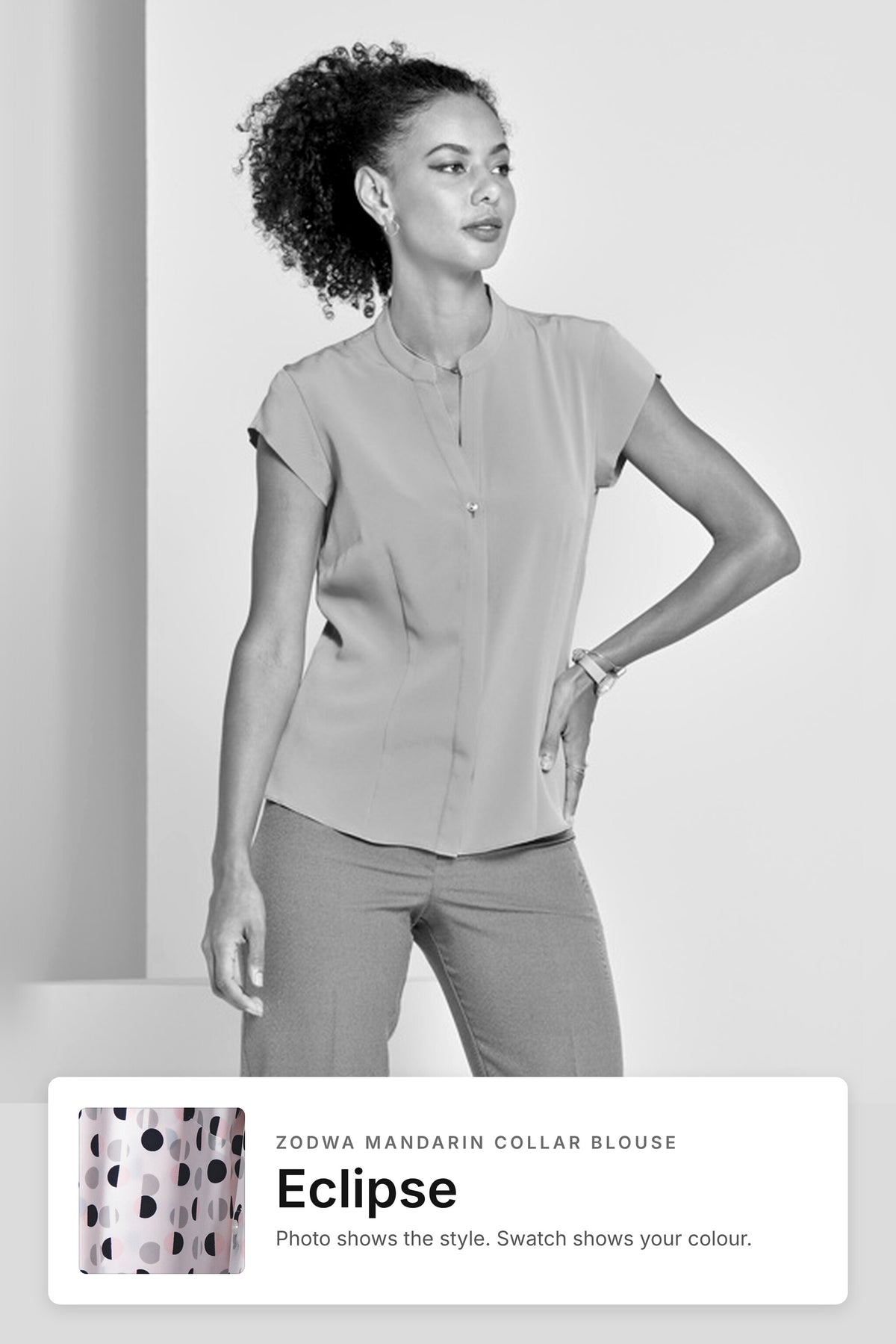 Zodwa women's mandarin collar work blouse in Eclipse – style photo with Eclipse fabric swatch, Imagemakers Sale