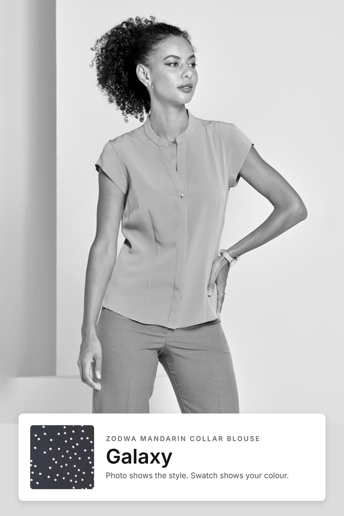 Zodwa women's mandarin collar work blouse in Galaxy – style photo with Galaxy fabric swatch, Imagemakers Sale