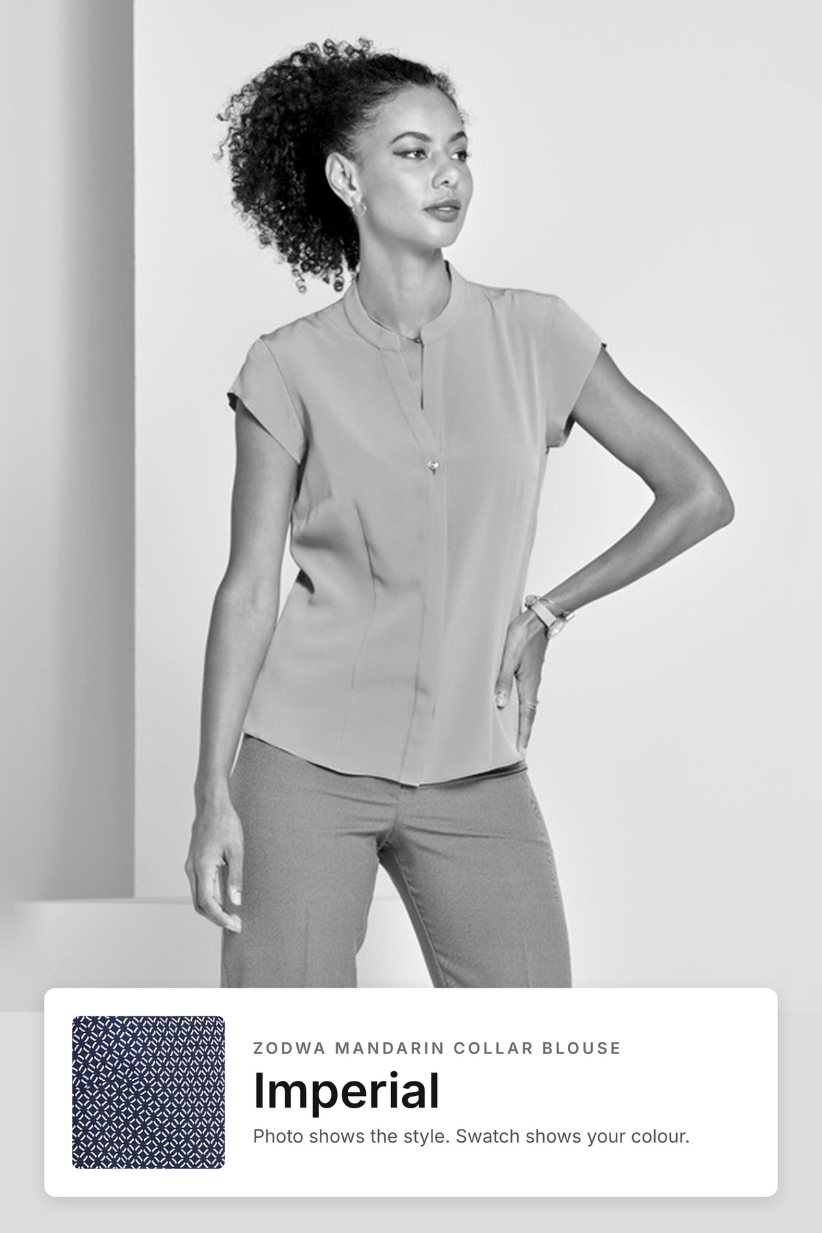 Zodwa women's mandarin collar work blouse in Imperial – style photo with Imperial fabric swatch, Imagemakers Sale