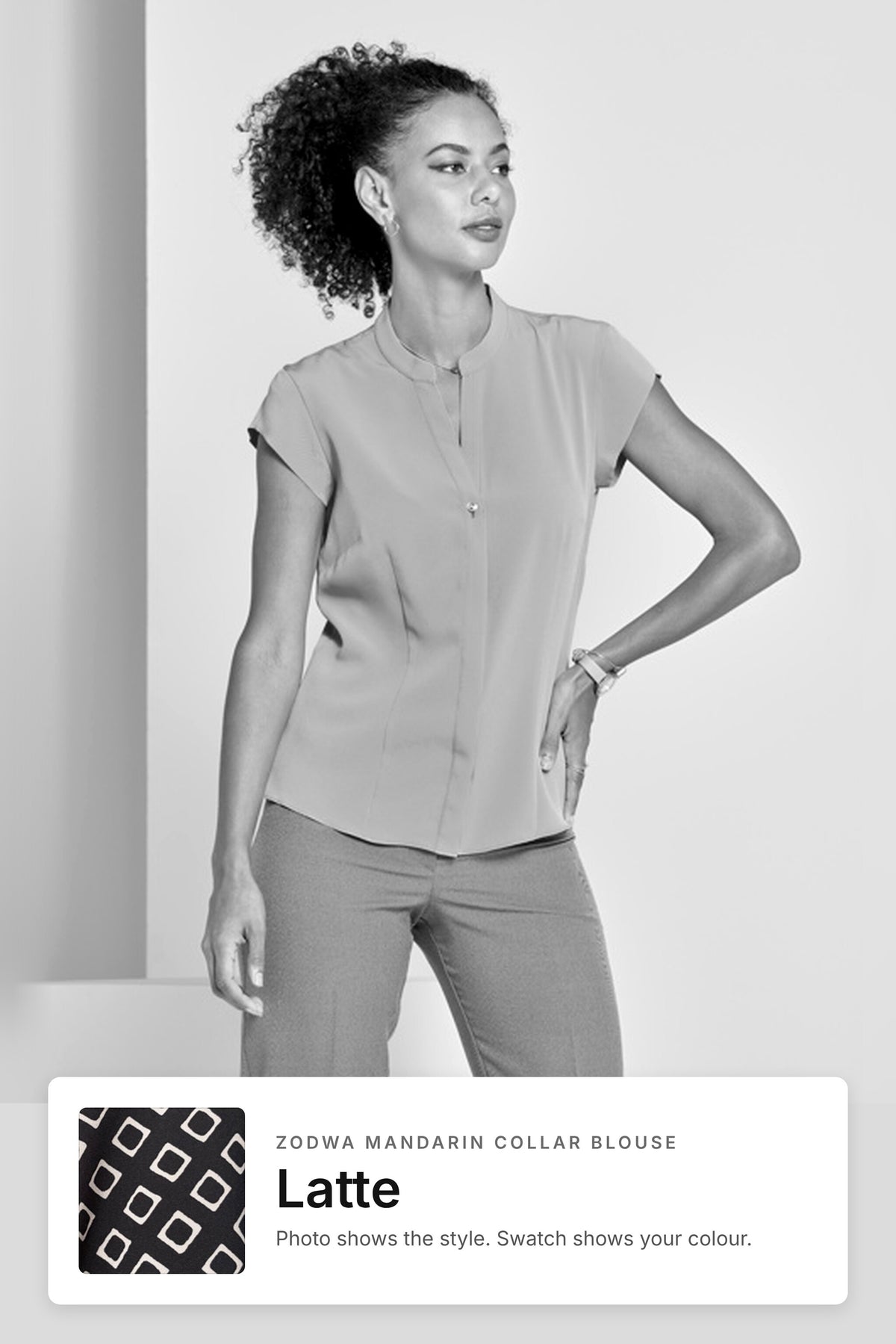 Zodwa women's mandarin collar work blouse in Latte – style photo with Latte fabric swatch, Imagemakers Sale