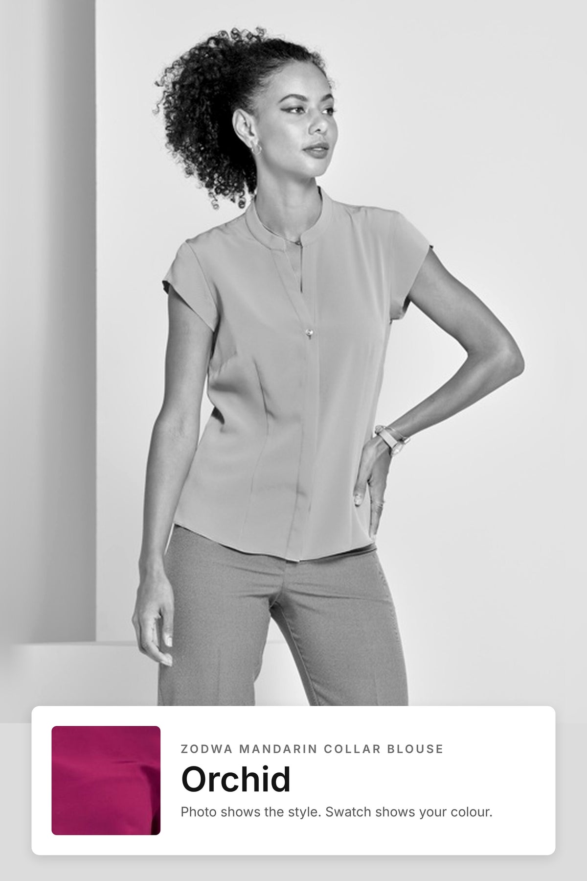 Zodwa women's mandarin collar work blouse in Orchid – style photo with Orchid fabric swatch, Imagemakers Sale