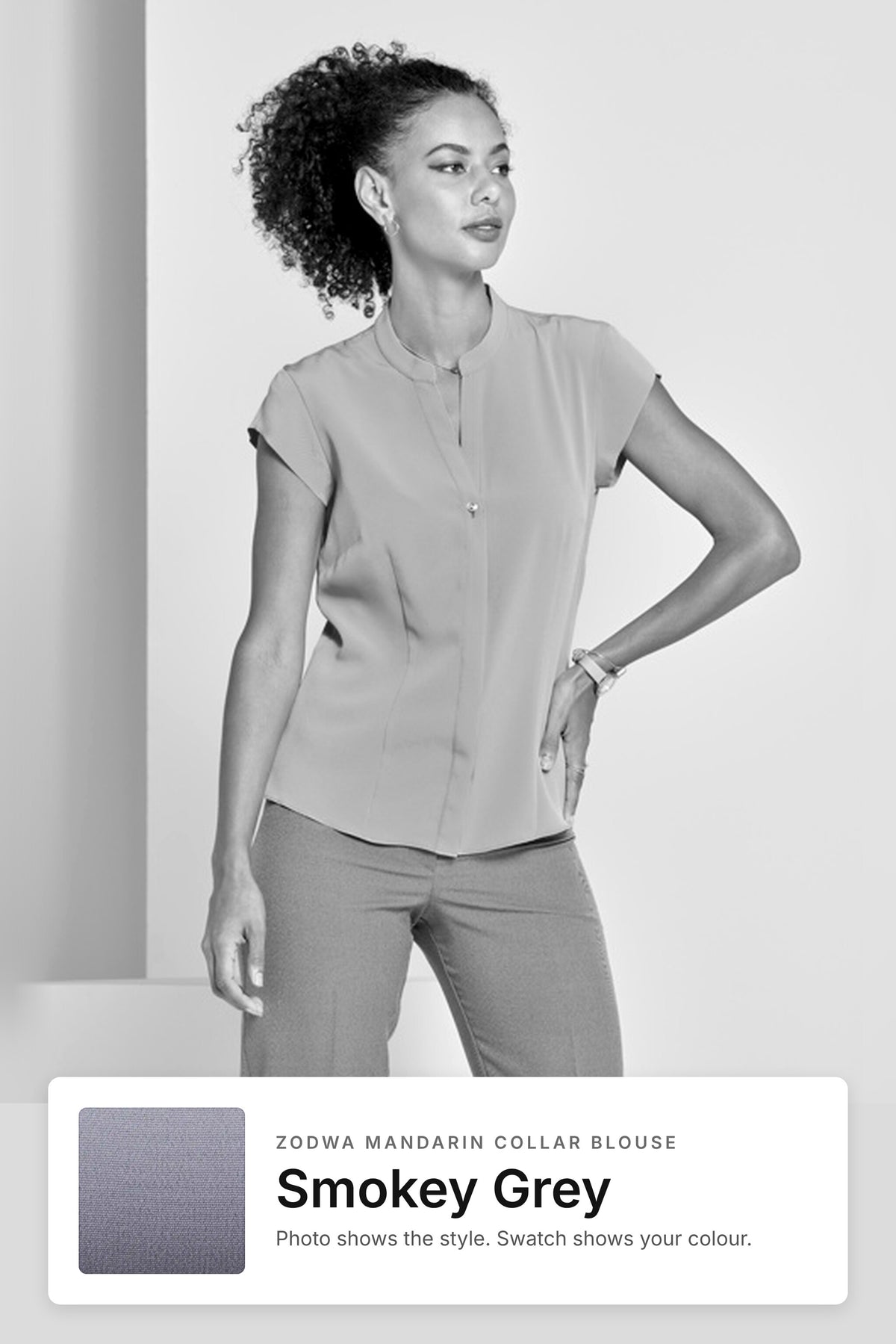 Zodwa women's mandarin collar work blouse in Smokey Grey – style photo with Smokey Grey fabric swatch, Imagemakers Sale