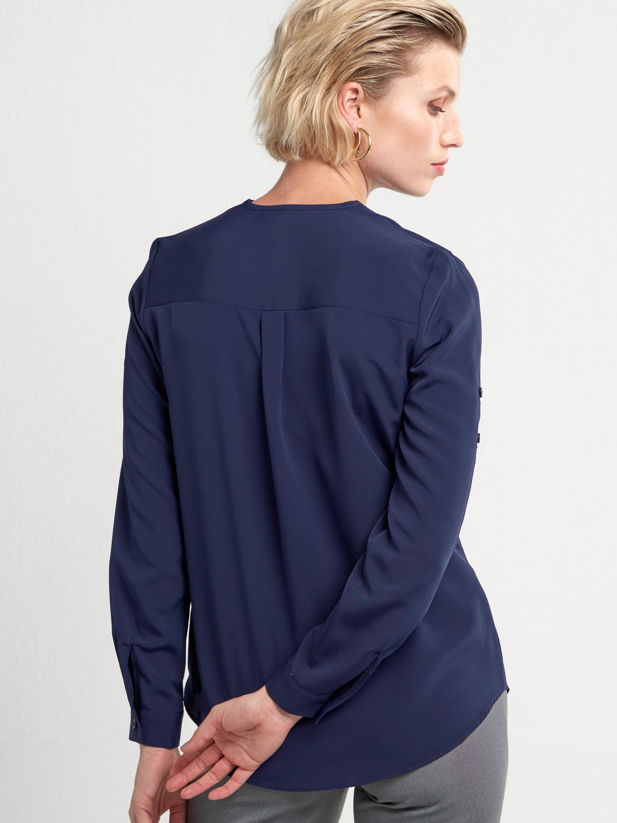 Relaxed Fit V Neck Zip Blouse - Navy