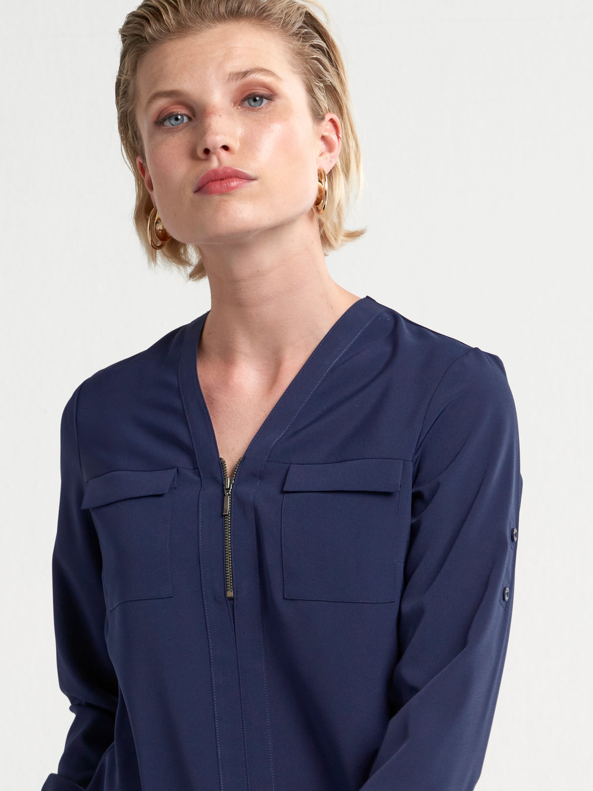 Relaxed Fit V Neck Zip Blouse - Navy