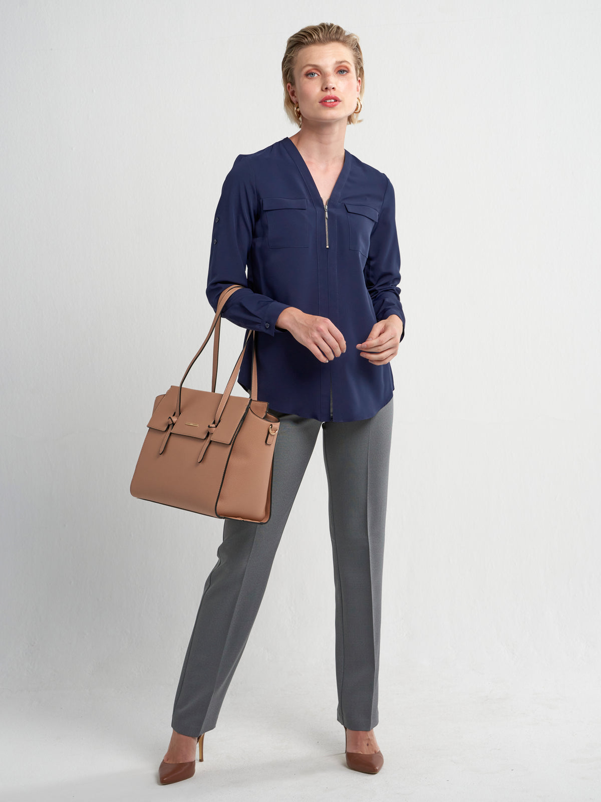 Relaxed Fit V Neck Zip Blouse - Navy