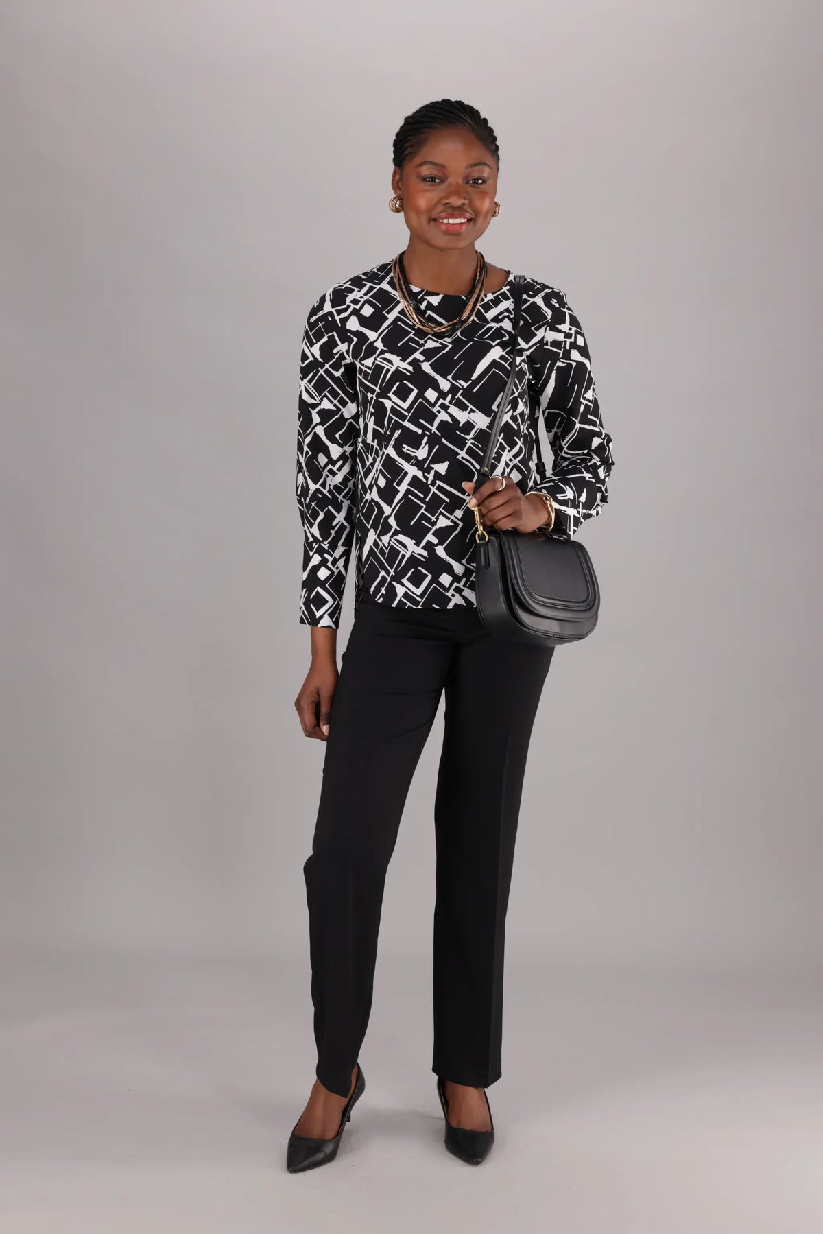 Ladies long sleeve top in a black and white print from Imagemakers online store ImNow.