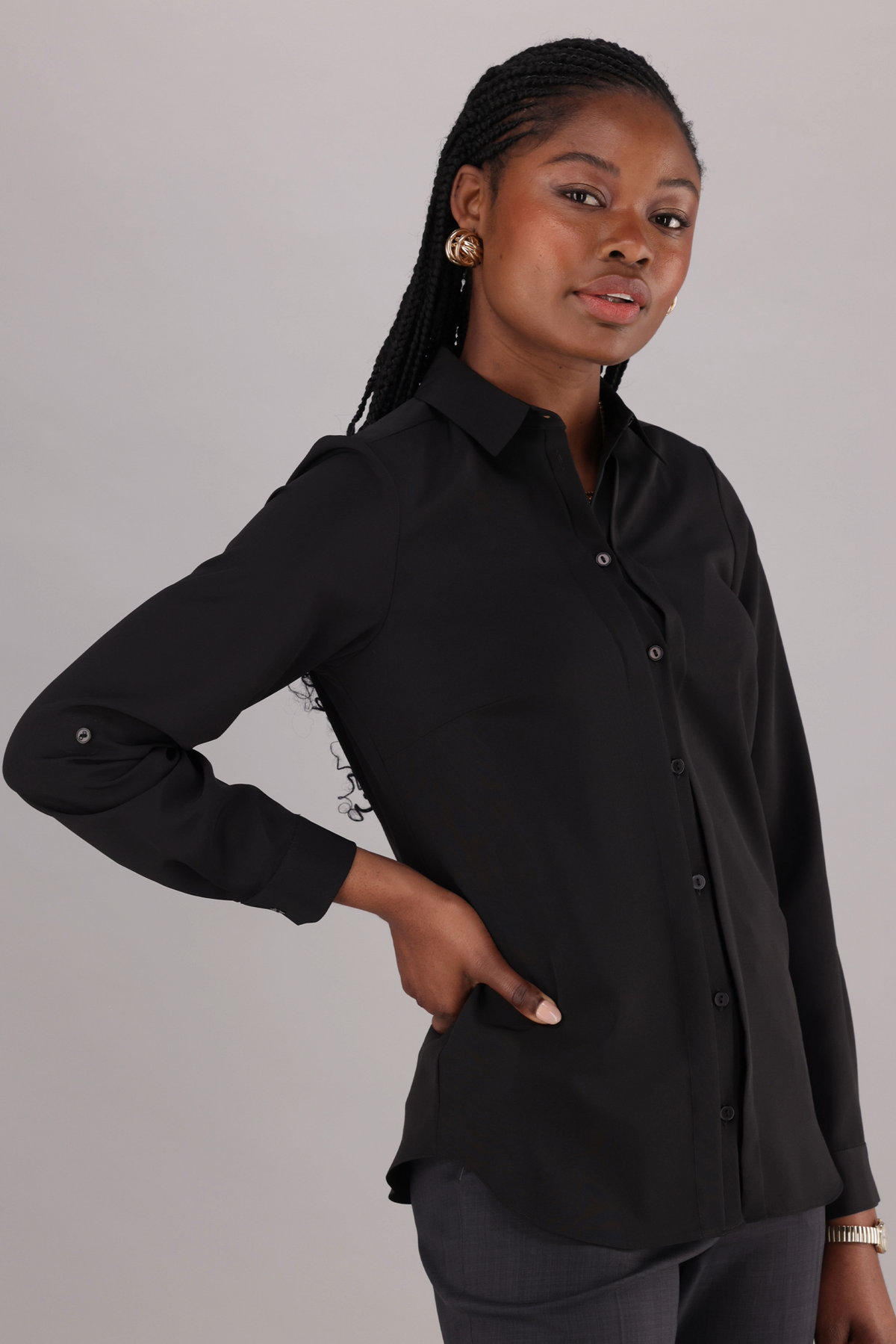 Black Long Sleeve Women’s Work Shirt by ImNow with Buttoned Front and Pintucks. 