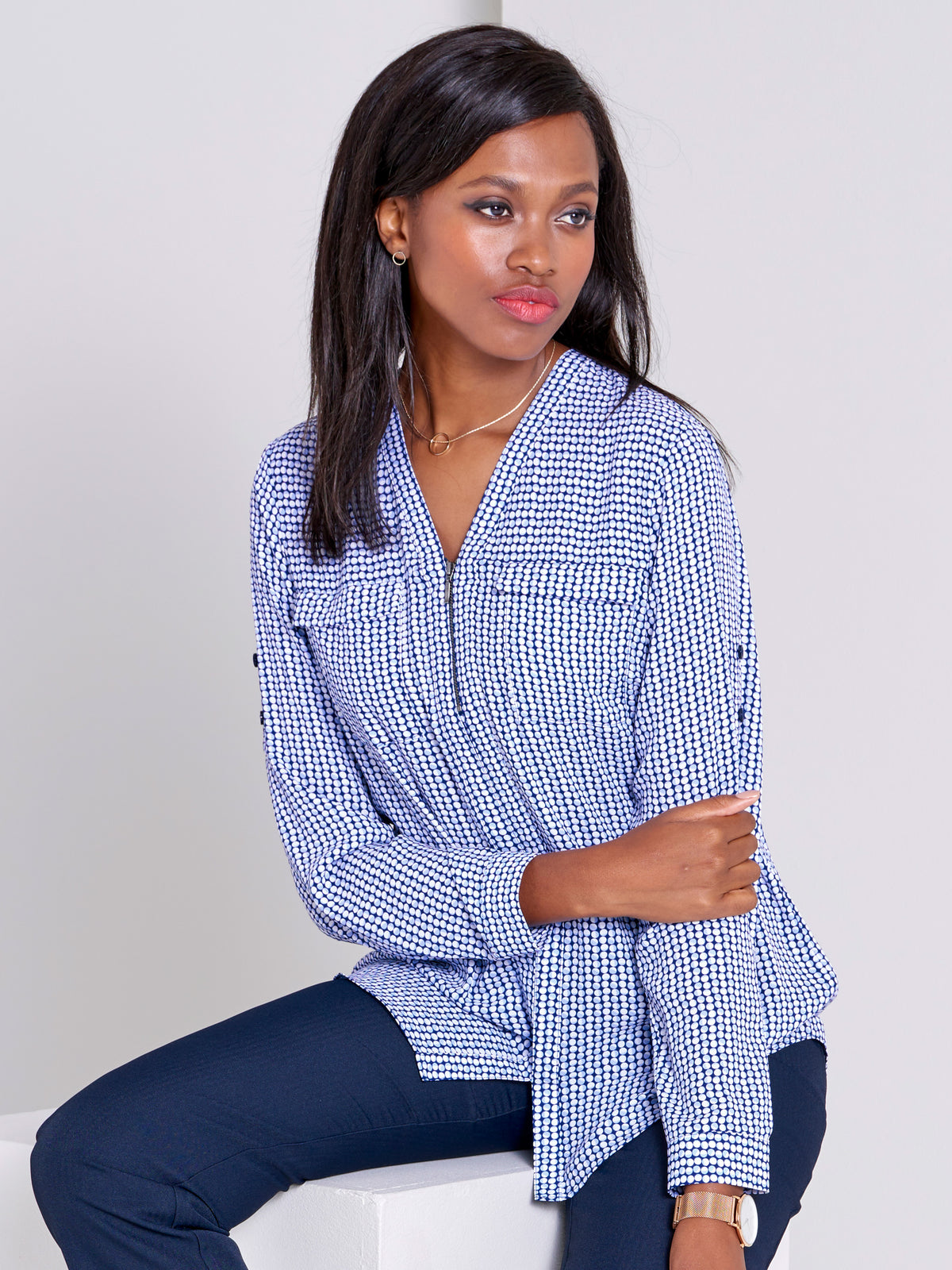 Sabrina women's zip front work blouse in Clouds – Imagemakers Online Store Sale