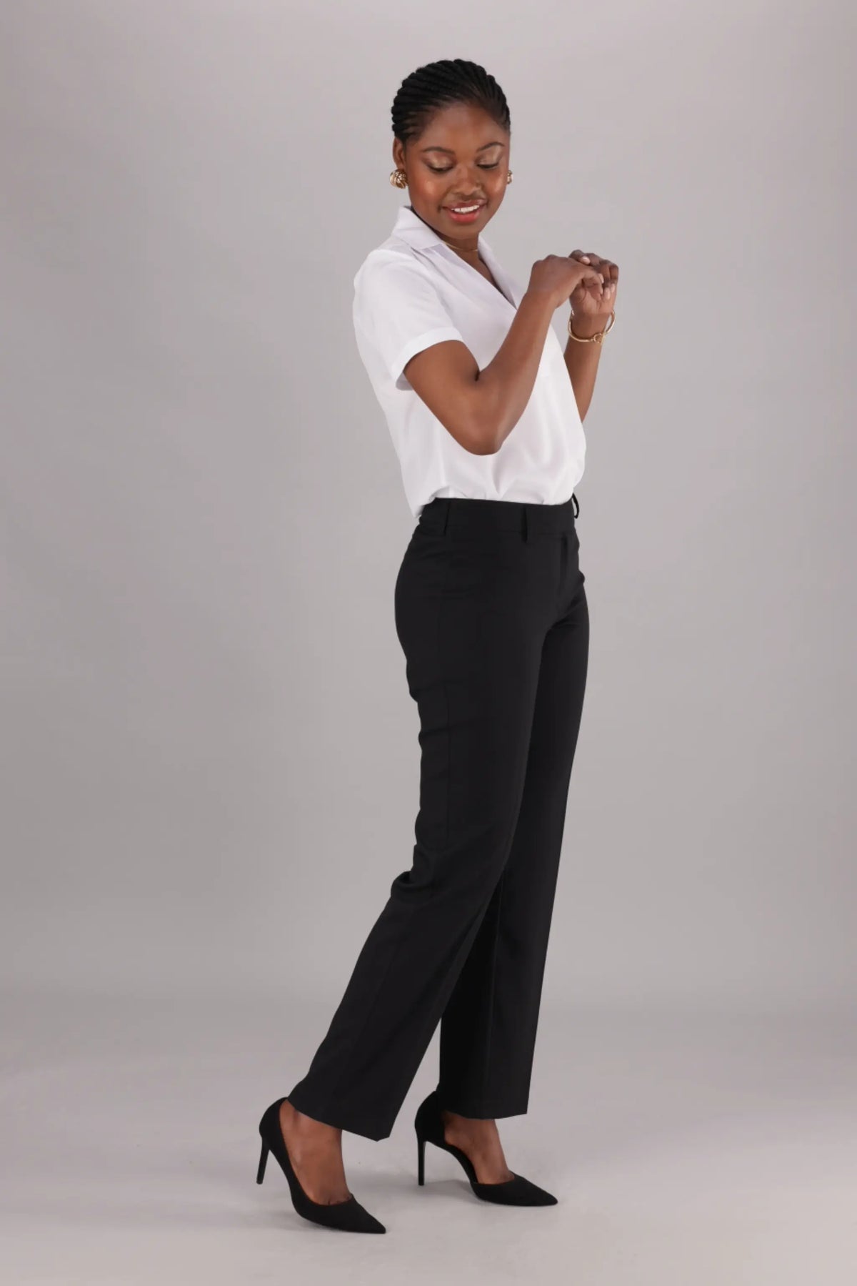 ImNow Christine Black Mid-Rise Straight Leg Corporate Trousers For Women
