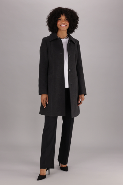 Warm Fully Lined Women’s Charcoal Melton Coat with Collar-Length Buttons and Deep Hand Pockets from ImNow.