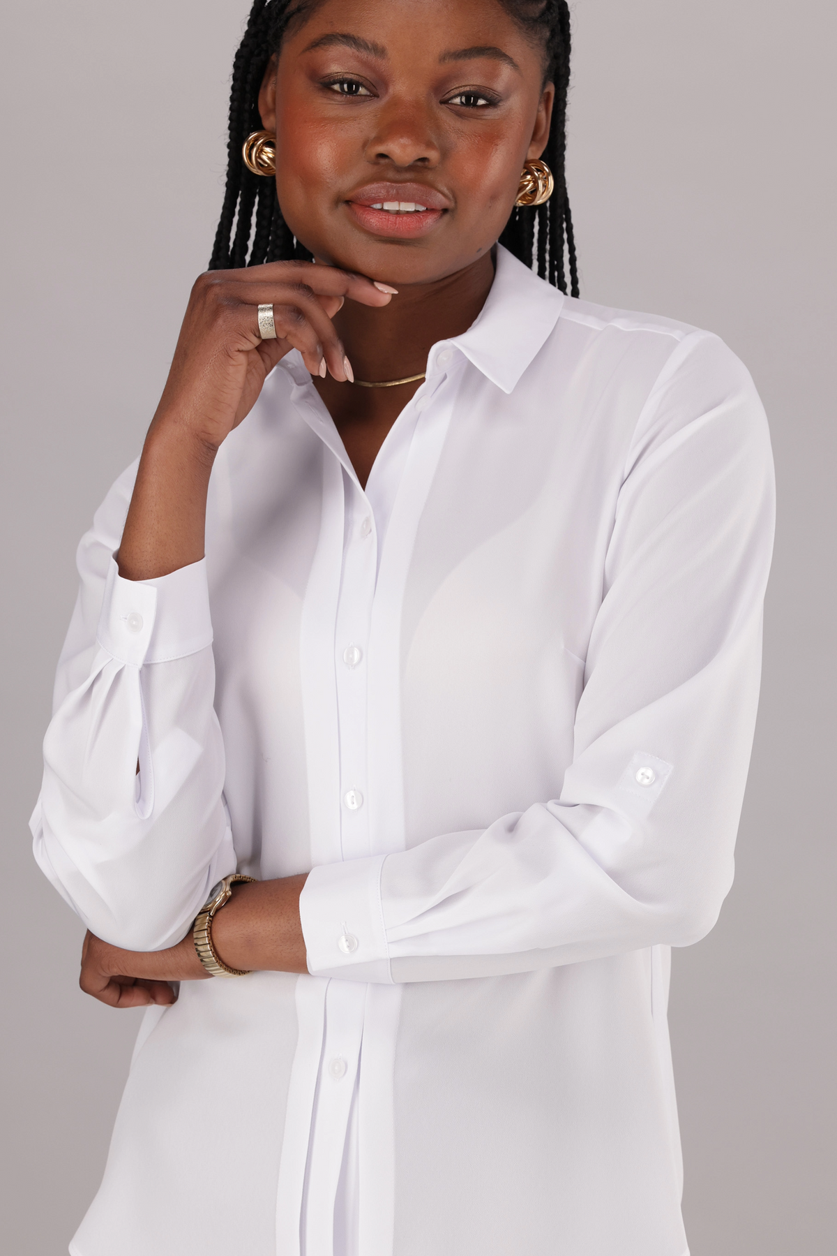 ImNow Women’s Work Shirt with Long Sleeves, a Collared neckline and Pintuck Button Front in White. 