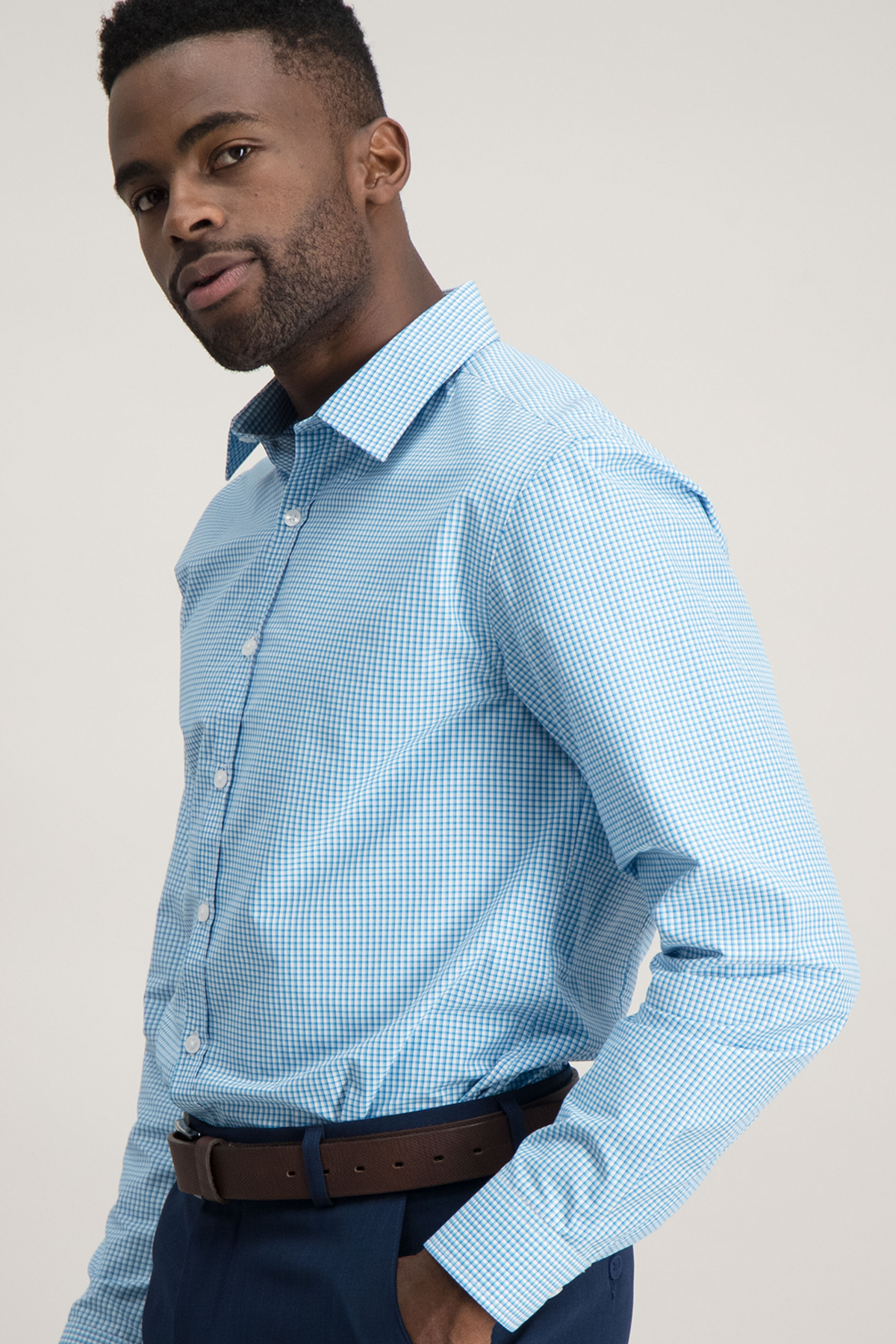 Men's tailored shirt in blue check by ImNow's online clothing store.
