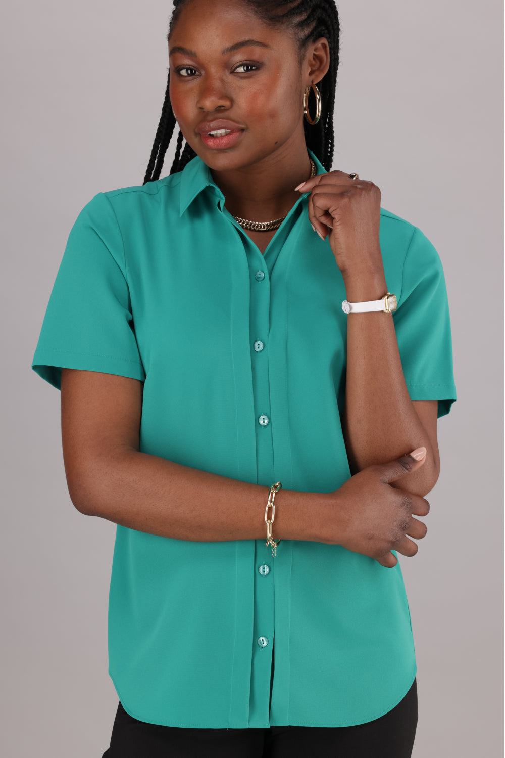ImNow Women’s Collared Short Sleeve Work Shirt in an Emerald Green Colour with from Button and Pintuck Detail.