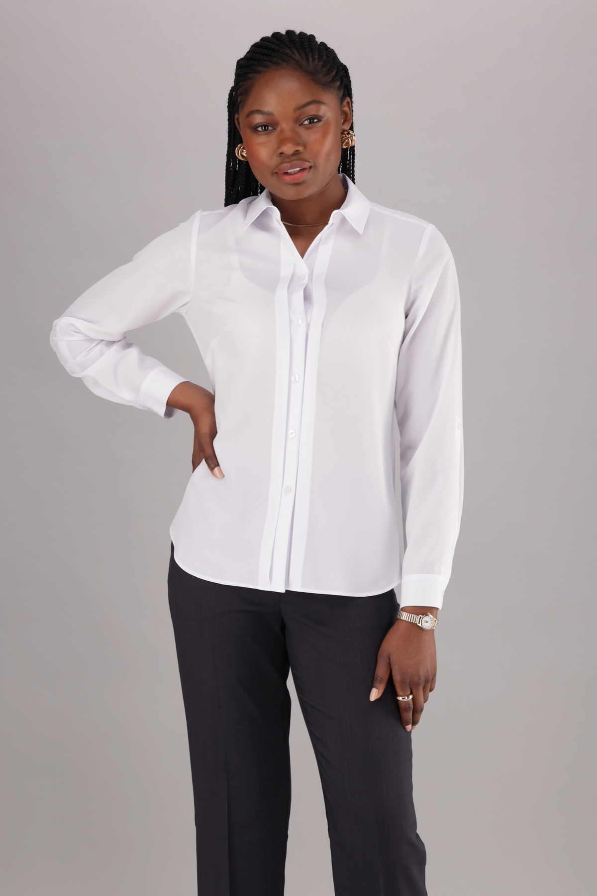 ImNow Women’s Formal Office Shirt with Long Sleeves, Structured Collar and Pintuck Button front in White.